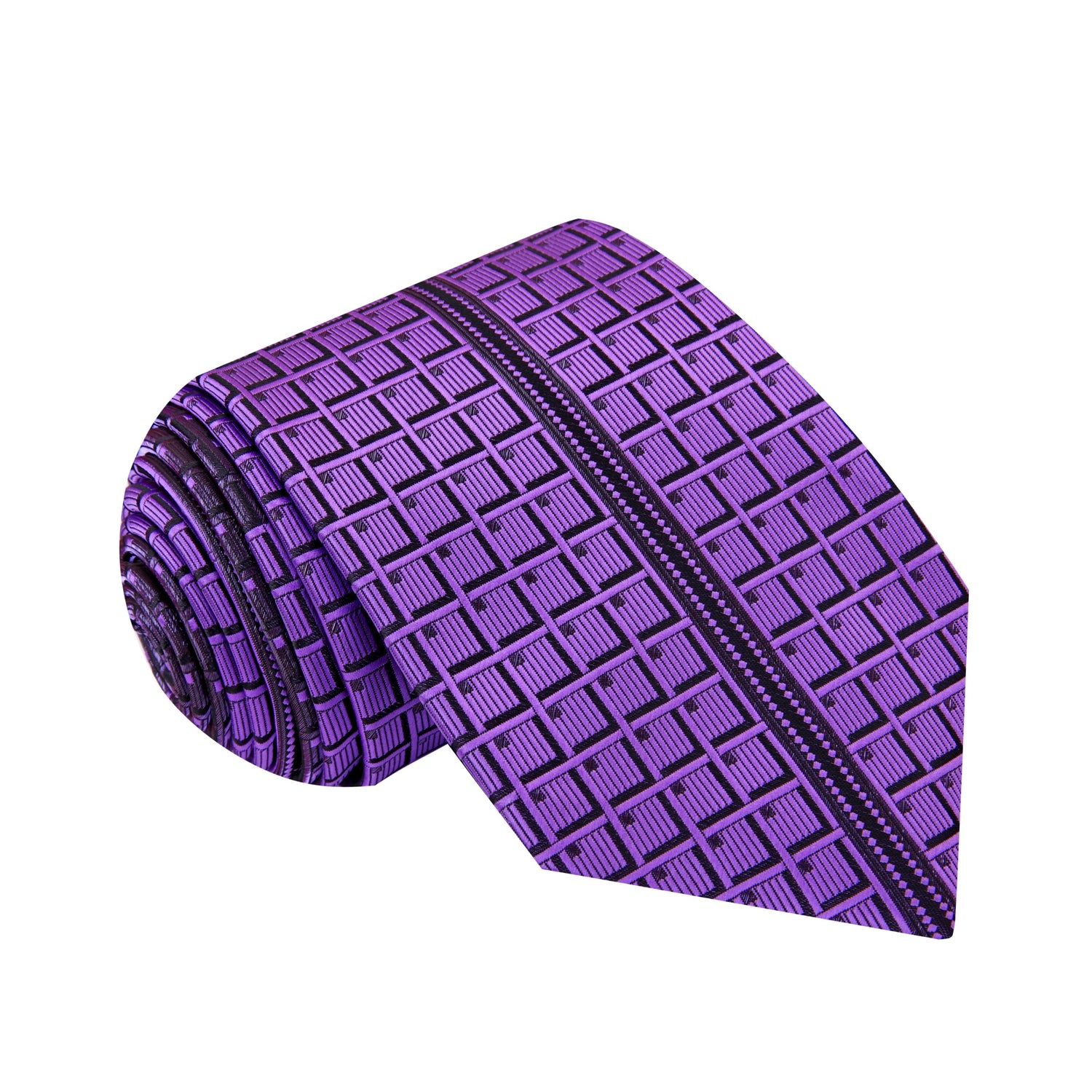 A Purple, Black Geometric Waffle Pattern Silk Necktie 