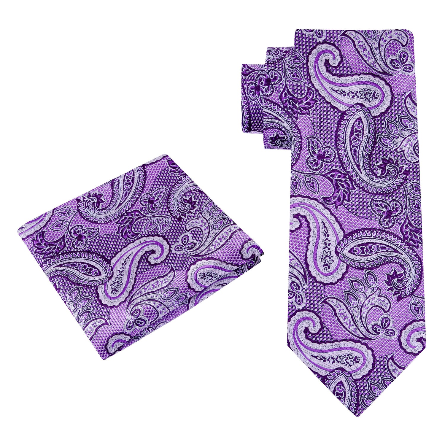 View 2: A Light Purple, Purple, Black Paisley Pattern Silk Necktie, Matching Pocket Square