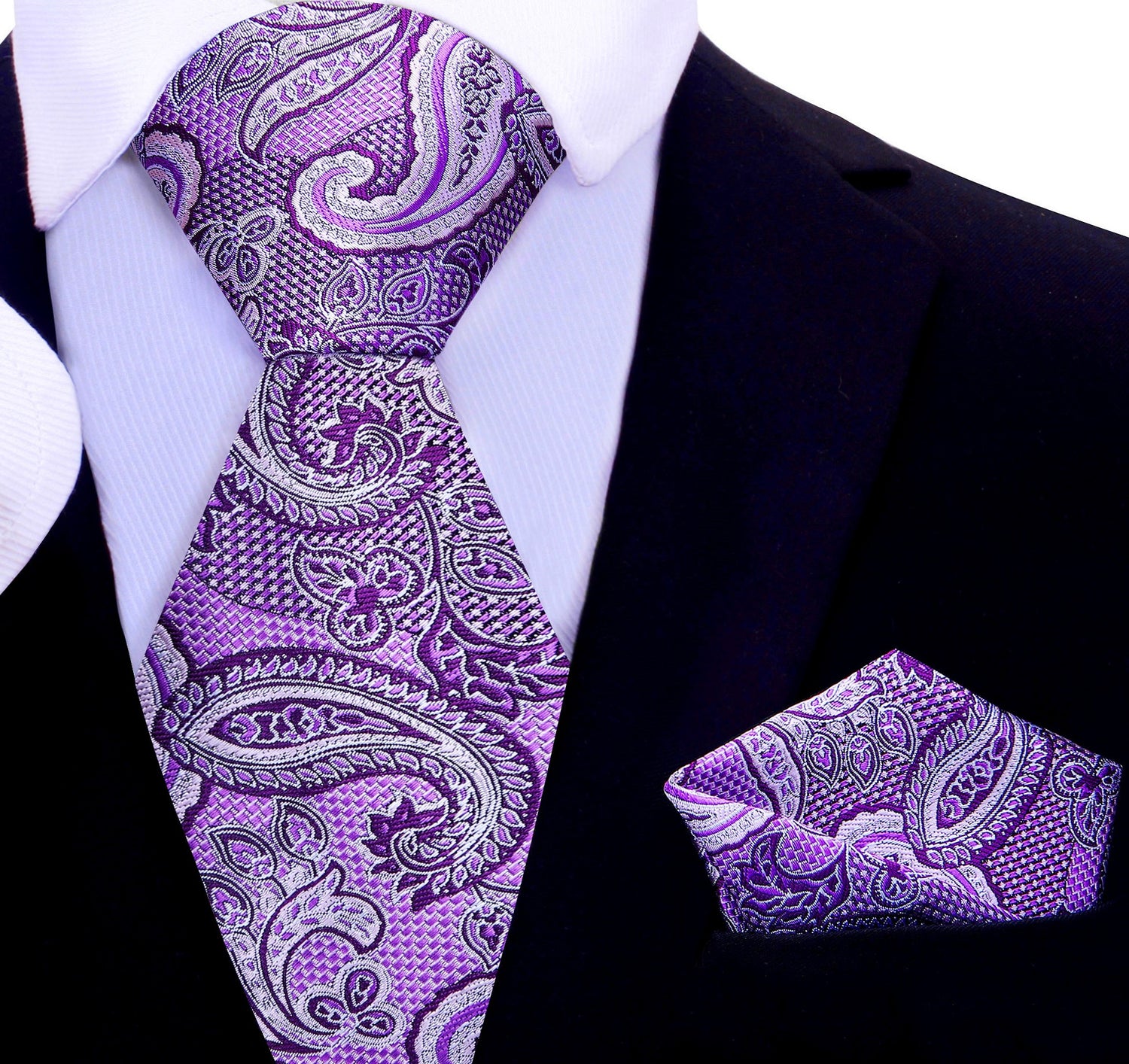 A Light Purple, Purple, Black Paisley Pattern Silk Necktie, Matching Pocket Square
