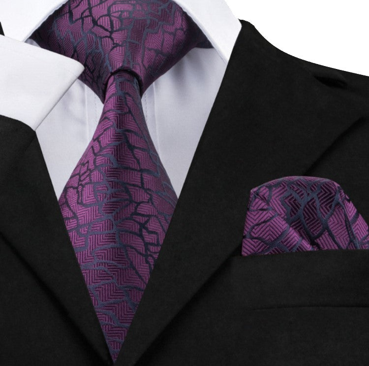 A Purple, Black Abstract Cement Pattern Silk Necktie, Pocket Square