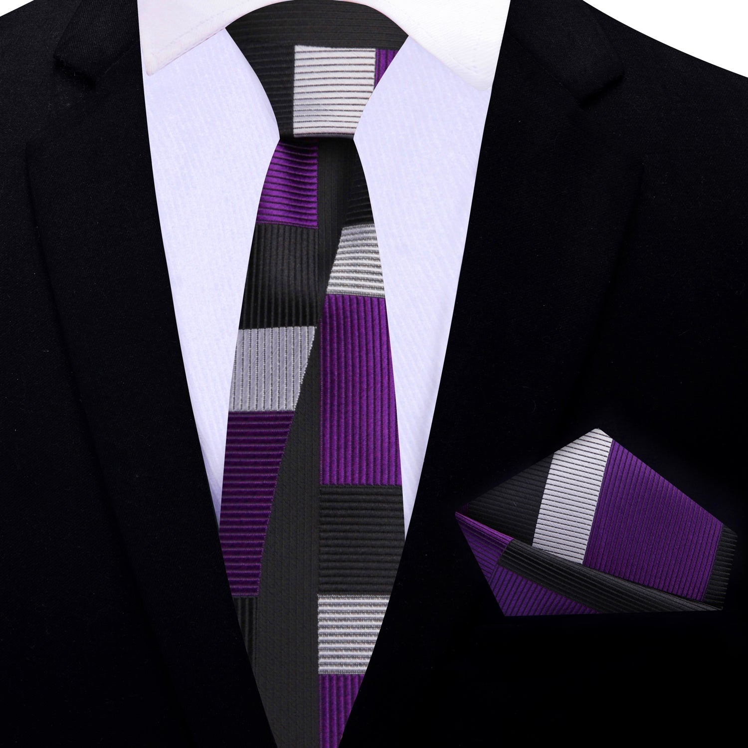 Thin Tie: Purple, Grey, Black Abstract Tie and Matching Square