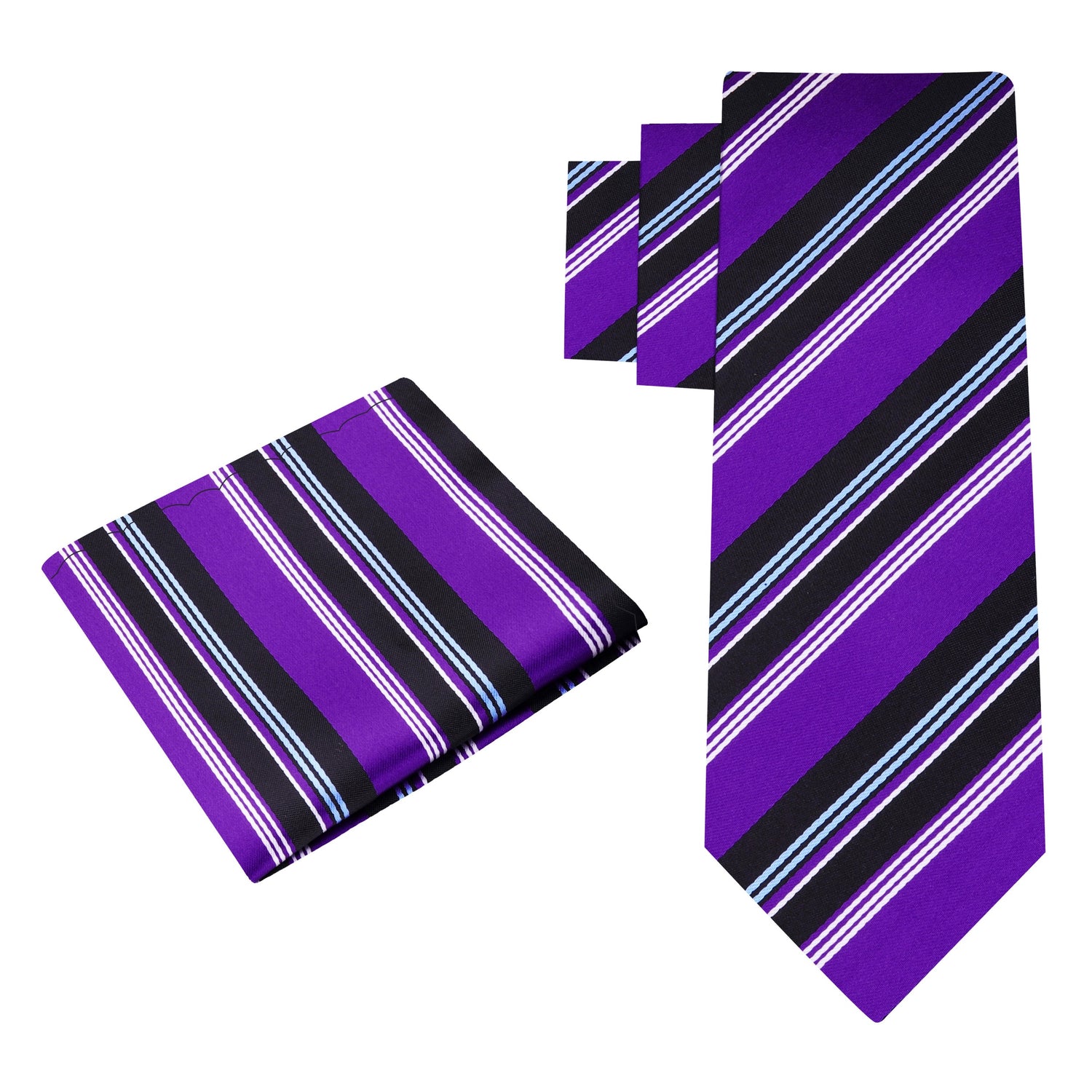 Alt View: A Purple, Black, White, Light Blue Stripe Pattern Silk Necktie, Matching Pocket Square