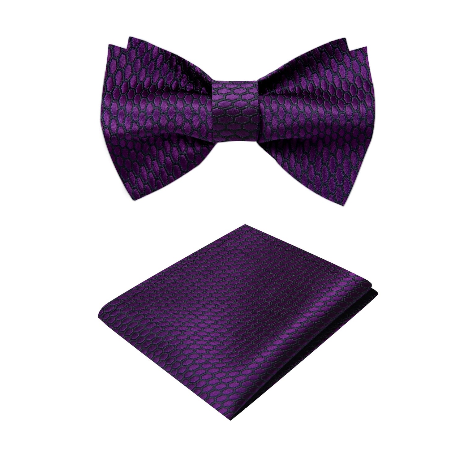 Purple, Black Geometric Bow Tie and Pocket Square