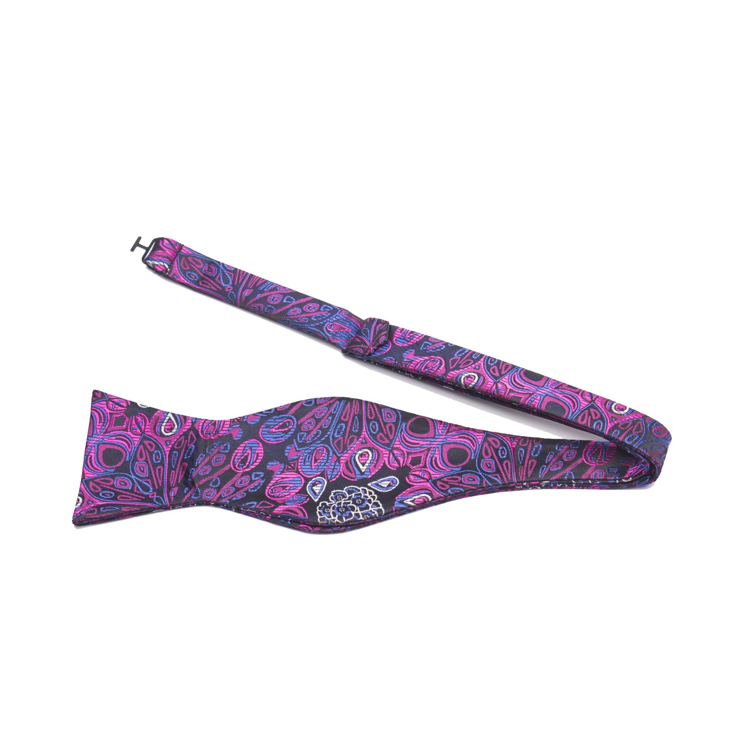 A Purple, Blue Abstract Peacock Feather Pattern Silk Self Tie Bow Tie Untied