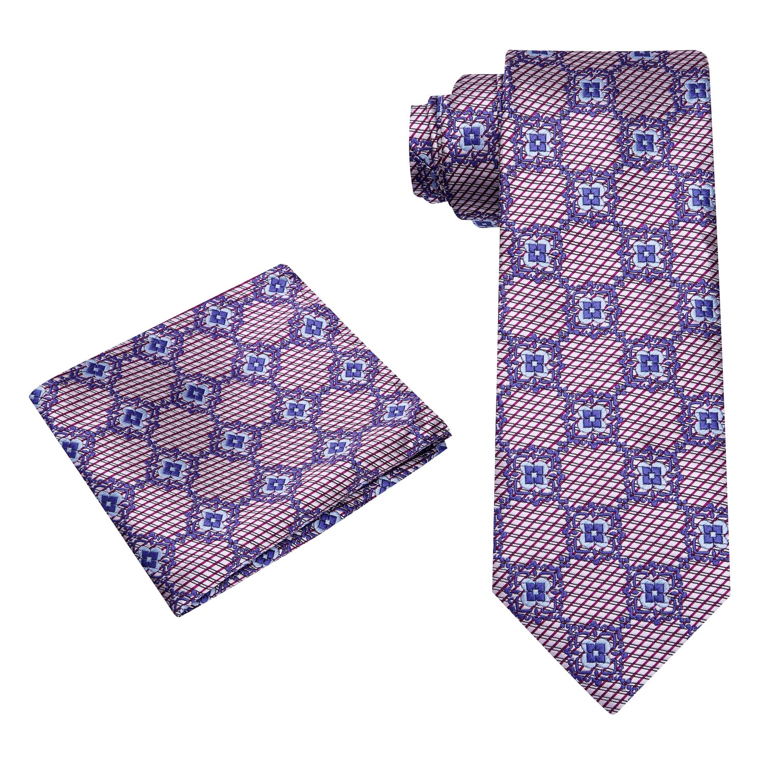 Alt View: A Silver, Scarlet, Purple Geometric Background With Small Flowers Pattern Silk Necktie, Matching Pocket Square