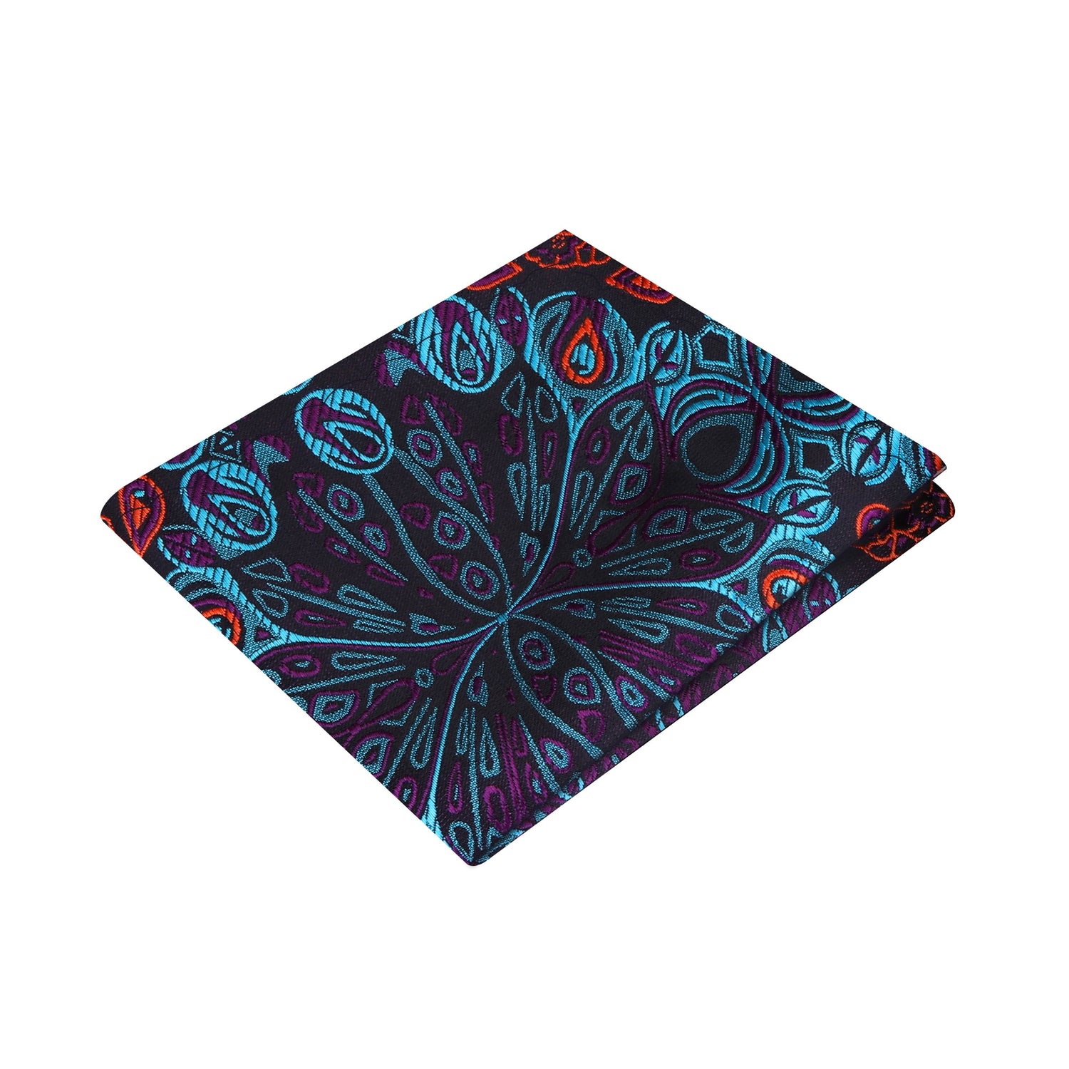 A Purple, Blue, Orange Abstract Peacock Feather Pattern Silk Pocket Square