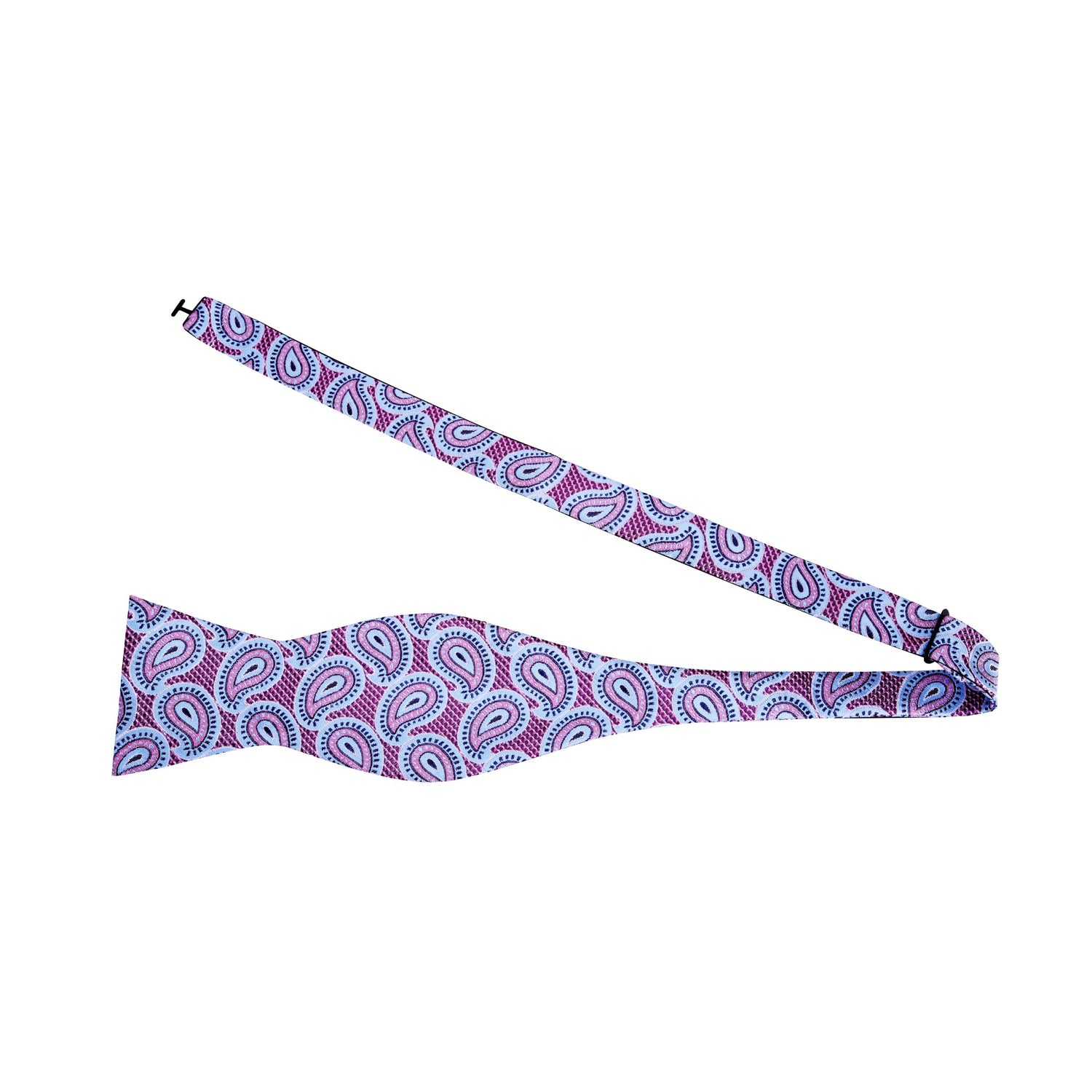 A Light Blue, Purple Paisley Pattern Silk Self Tie Bow Tie Untied