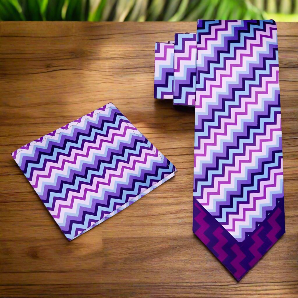 Purple, Pink, Blue Jagged Lines Tie and Pocket Square