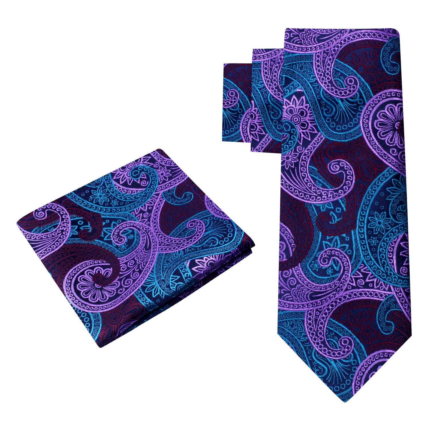 Alt View: A Light Purple, Teal, Purple Paisley Pattern Necktie With Matching Pocket Square