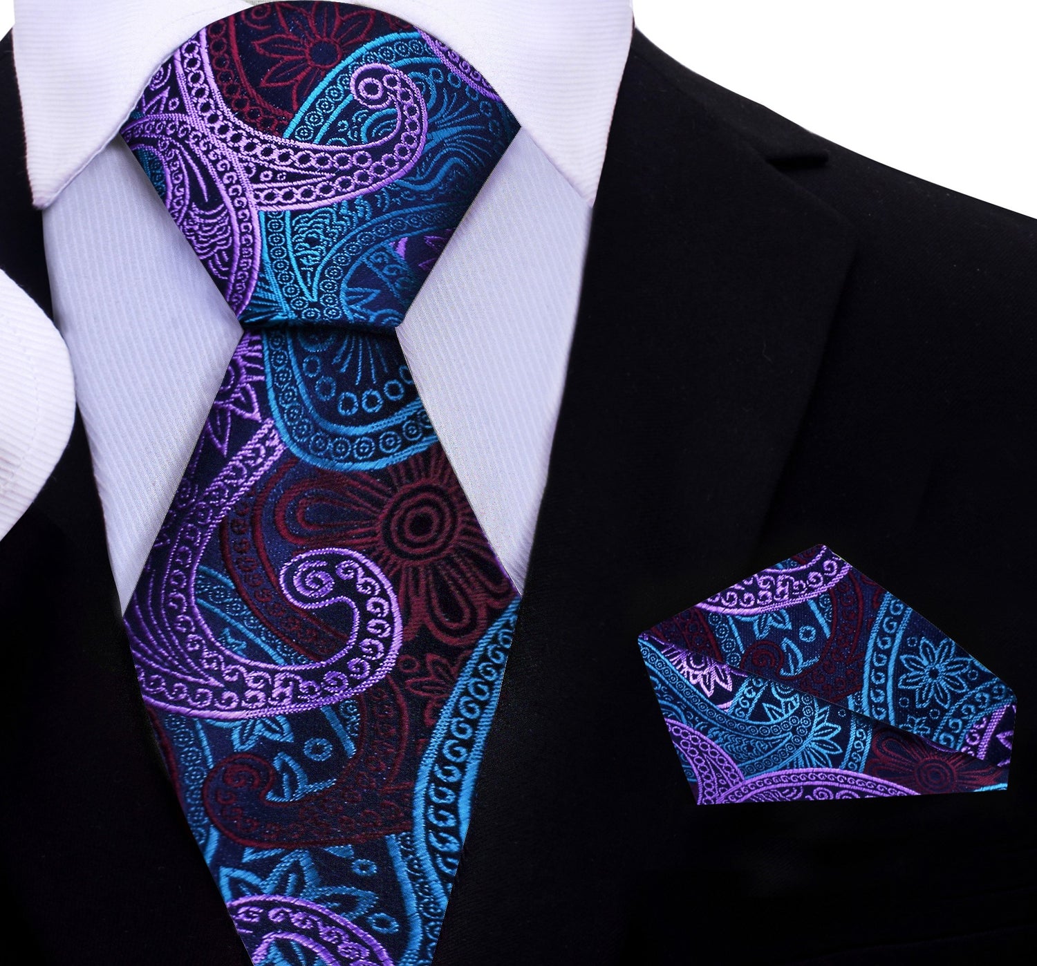 A Light Purple, Teal, Purple Paisley Pattern Necktie With Matching Pocket Square