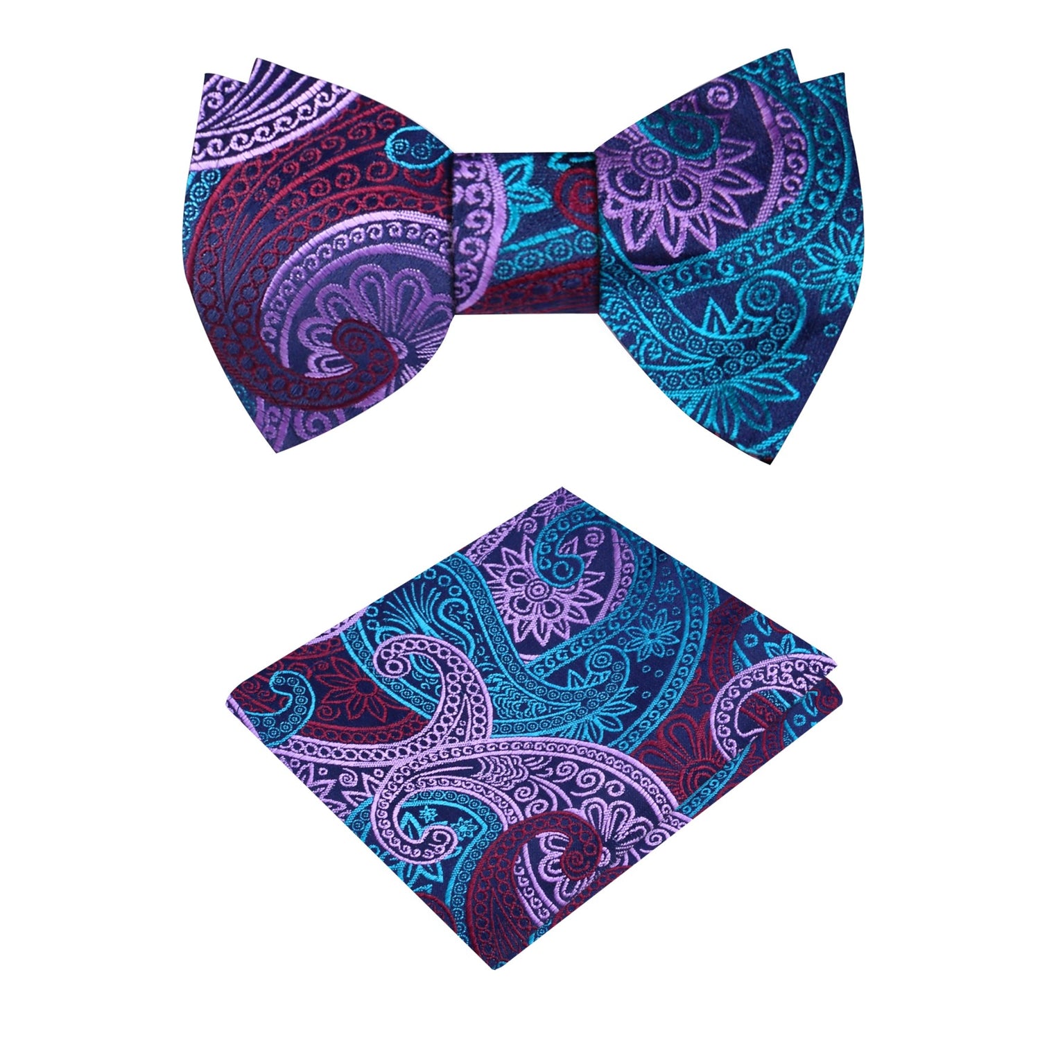 Teal Blue Paisley Bow Tie and Pocket Square