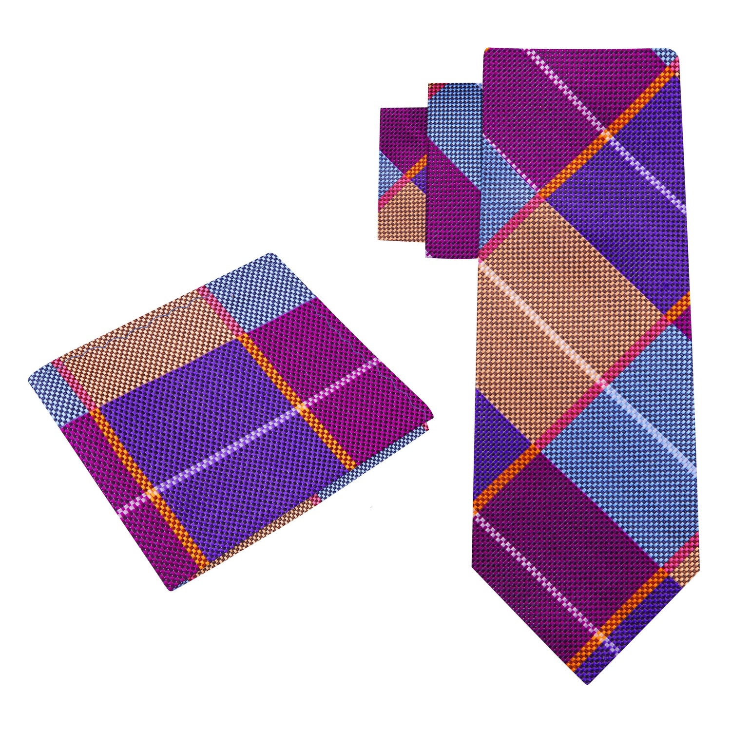 Alt View: A Purple, Cream, Blue Plaid Pattern Silk Necktie, With Matching Pocket Square