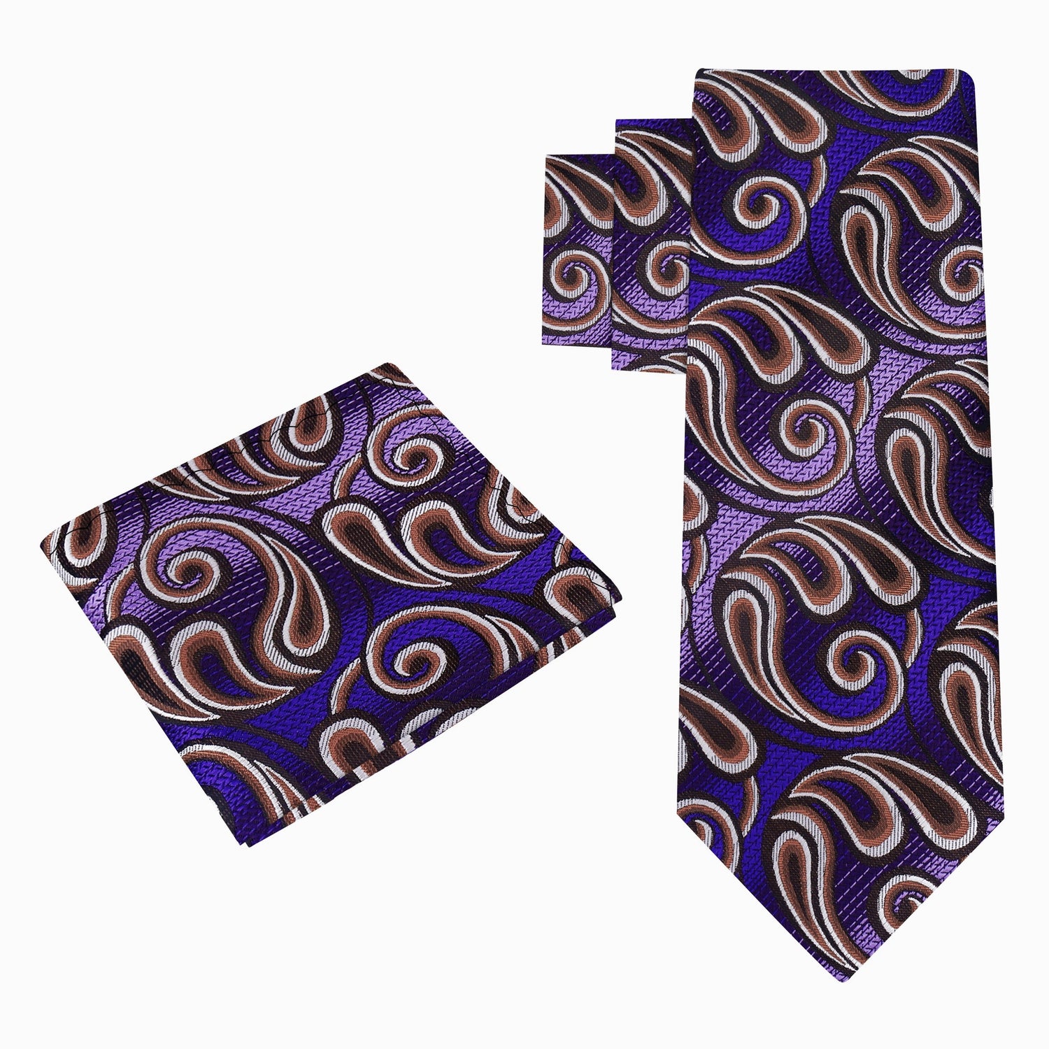 Alt View: A Dark Purple, Purple, Brown Paisley Pattern Silk Necktie, Matching Pocket Square