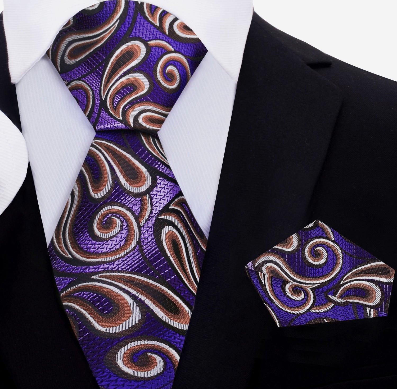 A Dark Purple, Purple, Brown Paisley Pattern Silk Necktie, Matching Pocket Square