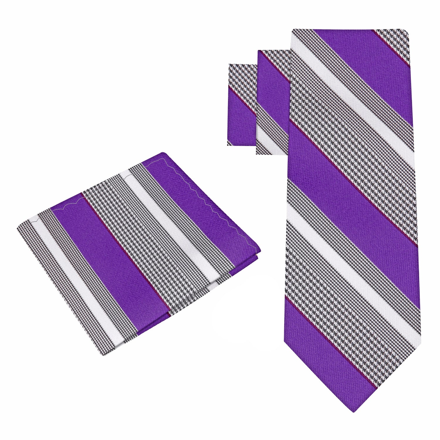 Alt View: A Purple, Grey, White Color Stripe Pattern Silk Tie, Pocket Square