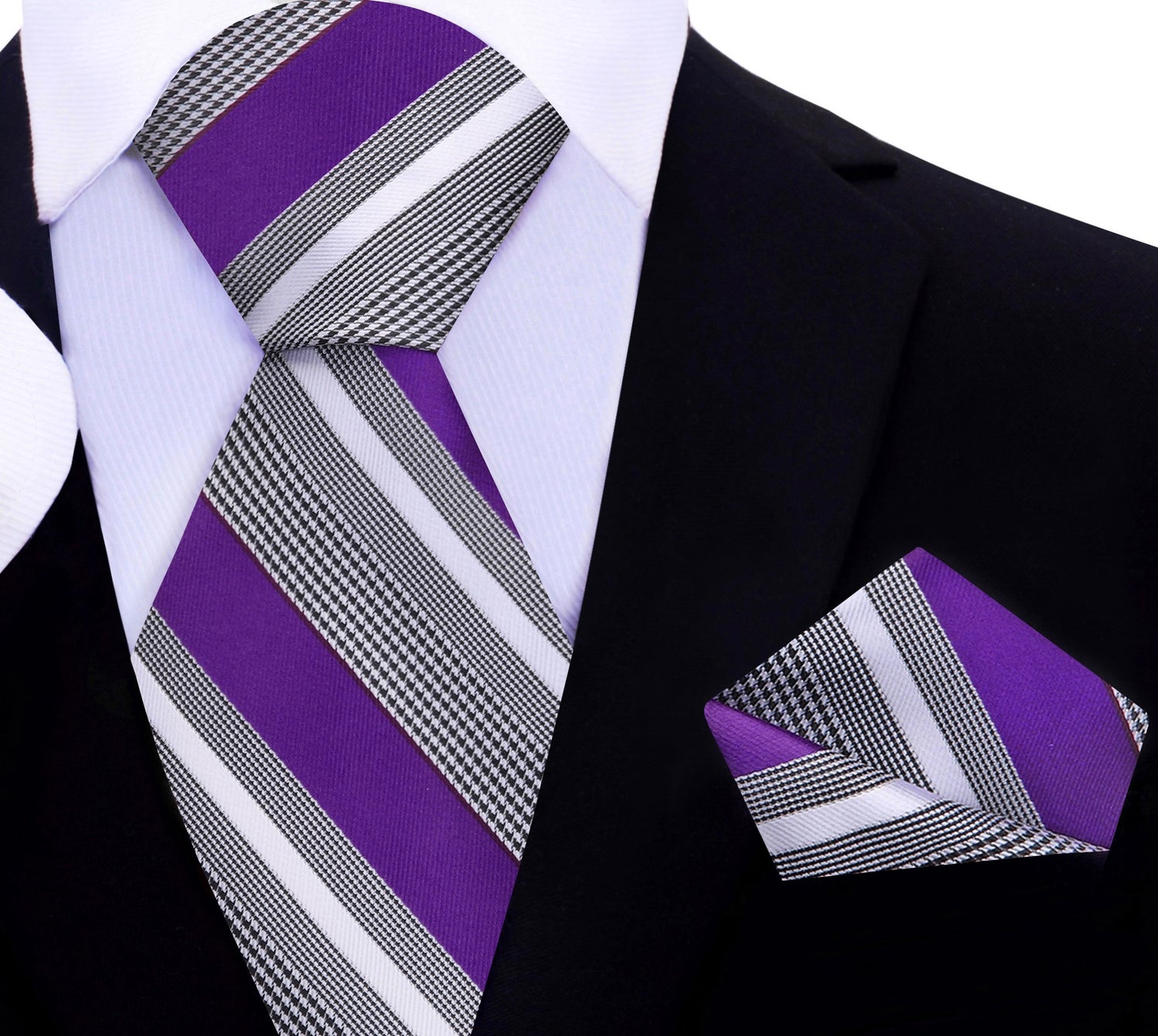 A Purple, Grey, White Color Stripe Pattern Silk Tie, Pocket Square