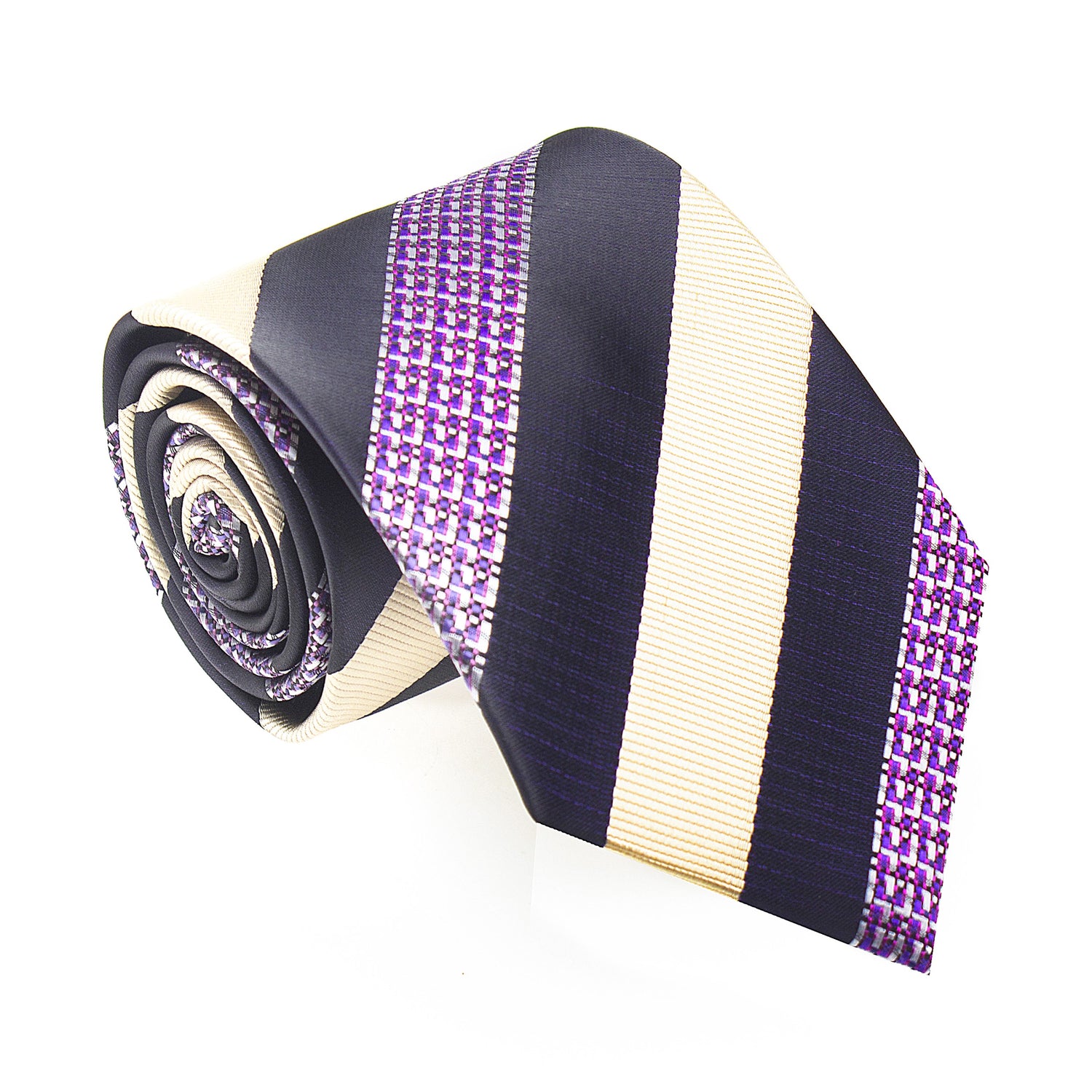 A Purple, Cream Check And Stripe Pattern Silk Necktie 