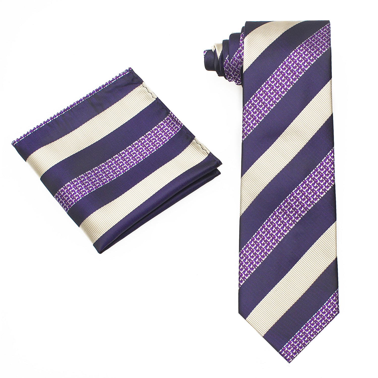 Alt View: A Purple, Cream Check And Stripe Pattern Silk Necktie, Matching Pocket Square