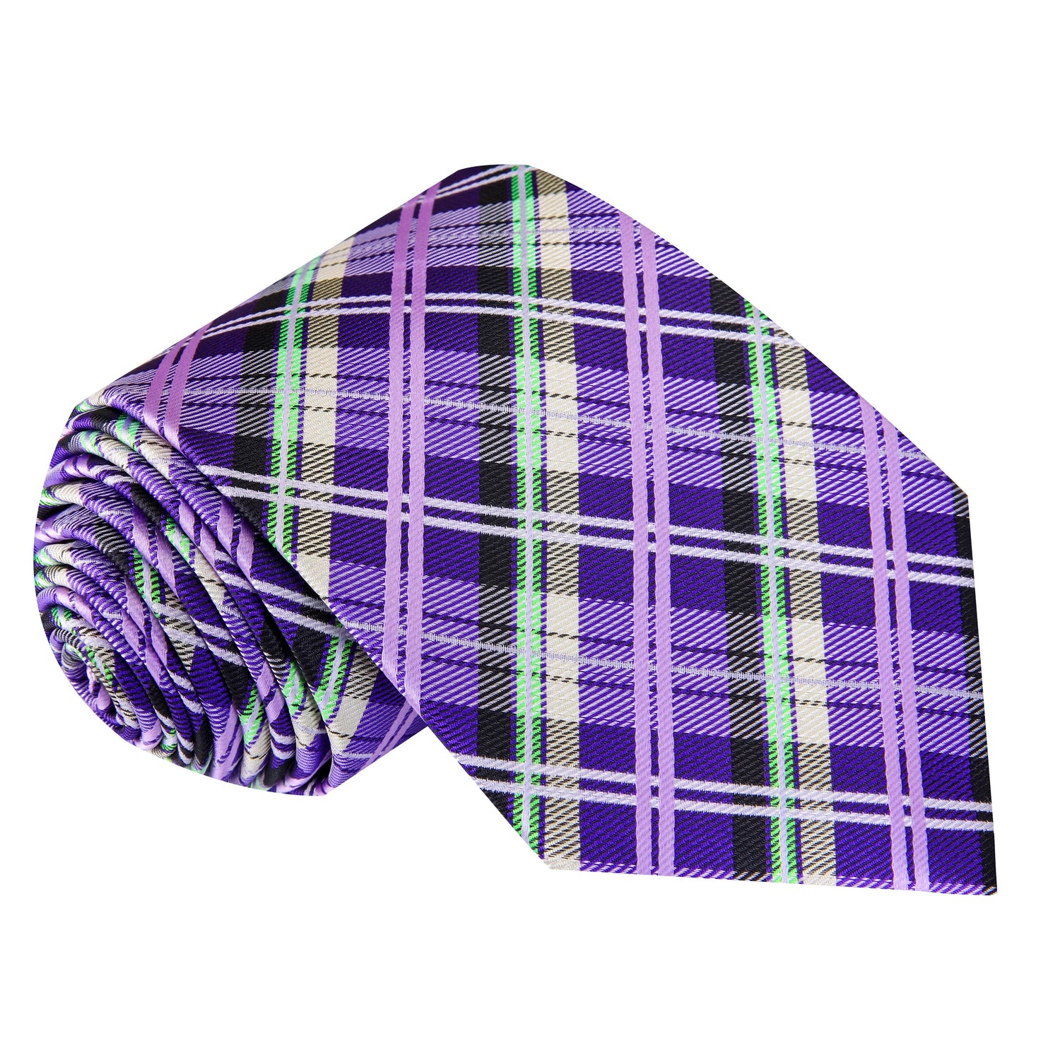 A Purple, Green, Black Plaid Pattern Silk Necktie