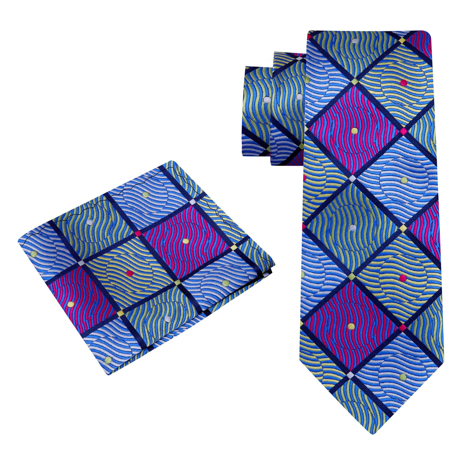 Alt view: A Purple, Green, Blue Geometric With Small Dots Pattern Silk Necktie, Matching Pocket Square