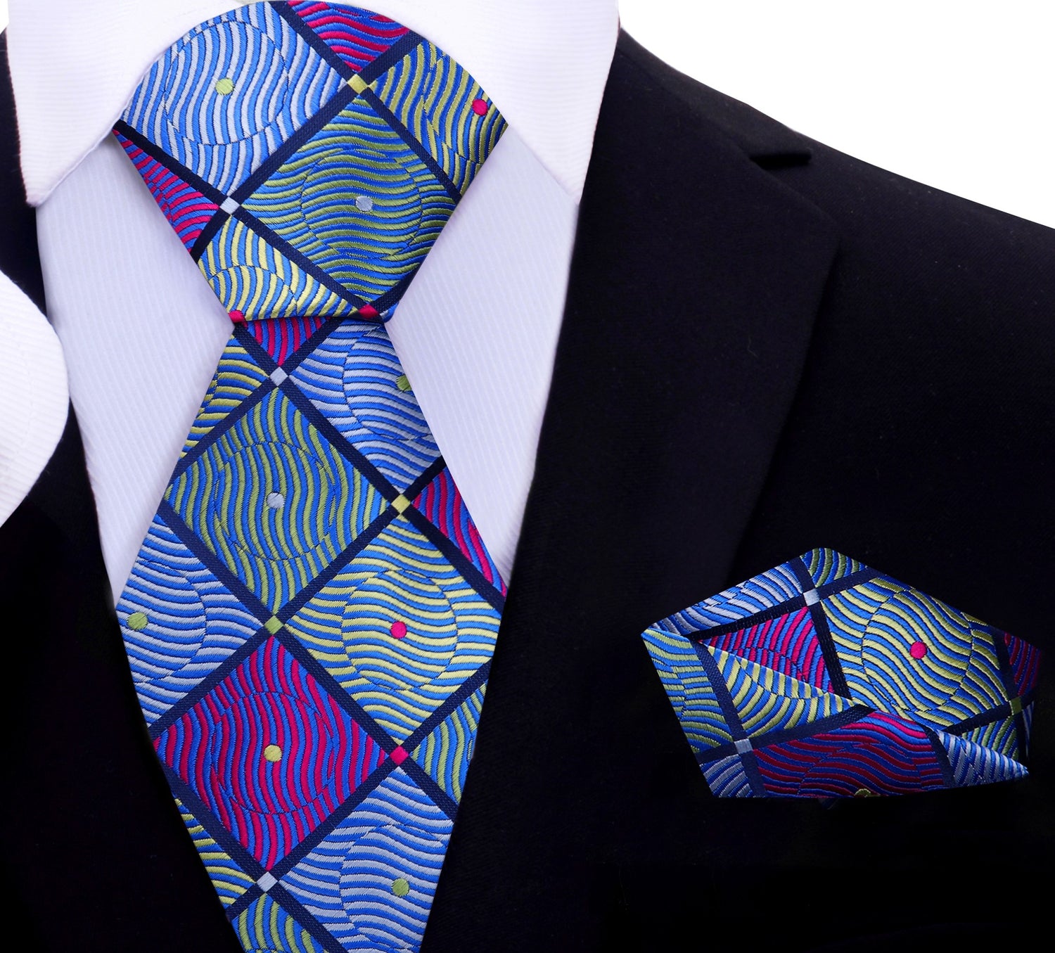 Main View; A Purple, Green, Blue Geometric With Small Dots Pattern Silk Necktie, Matching Pocket Square