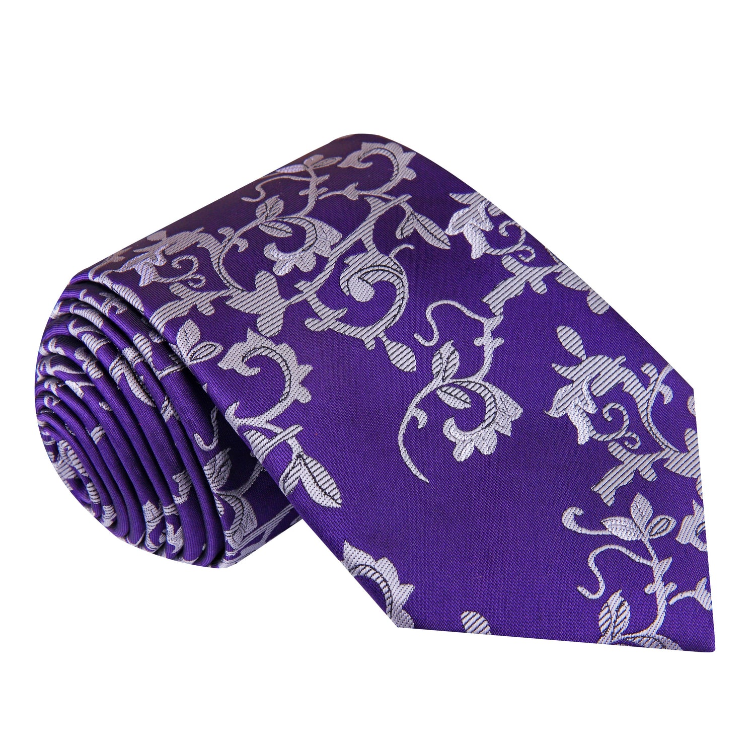 A Purple, Grey Vine Floral Pattern Silk Necktie 