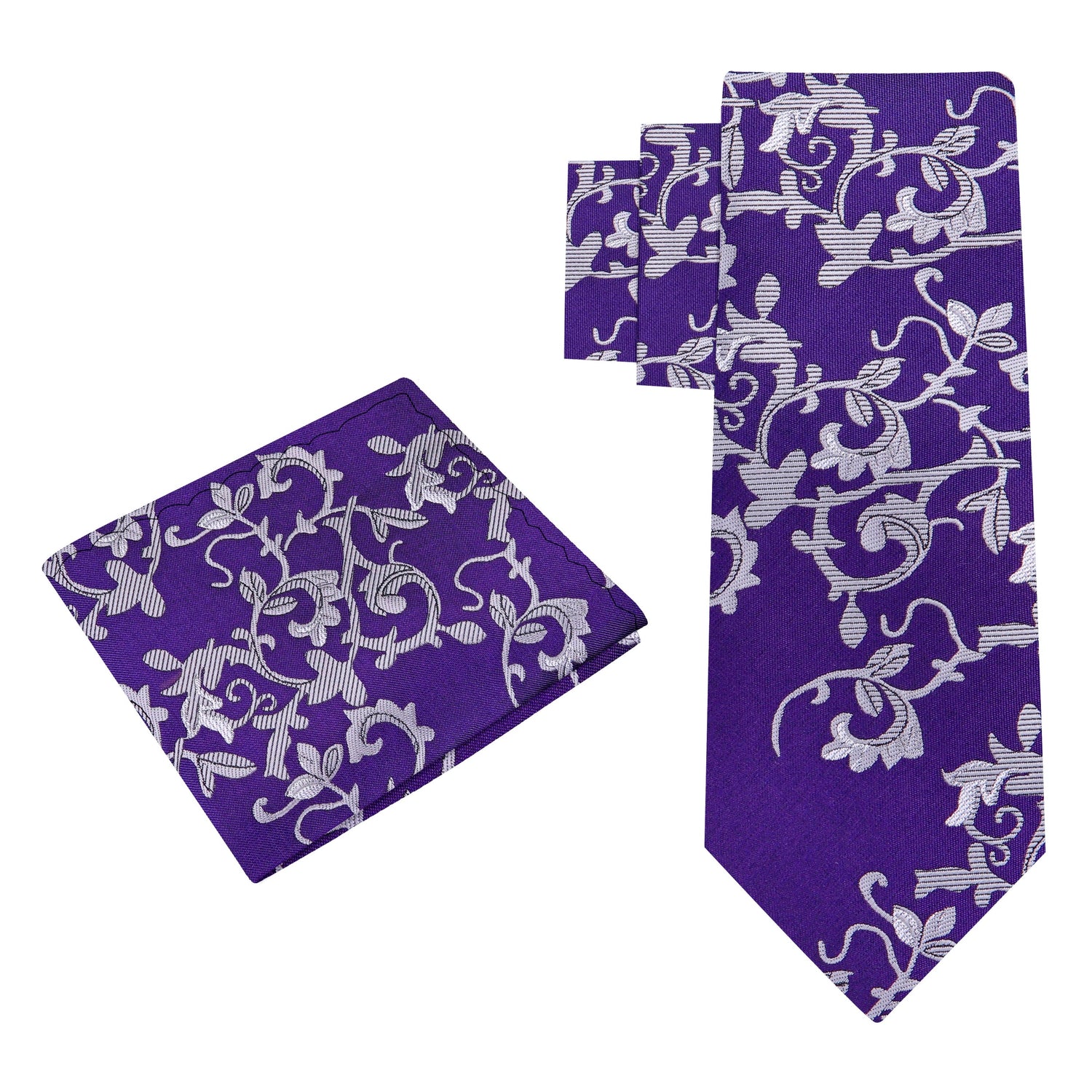 Alt View: A Purple, Grey Vine Floral Pattern Silk Necktie, Matching Pocket Square