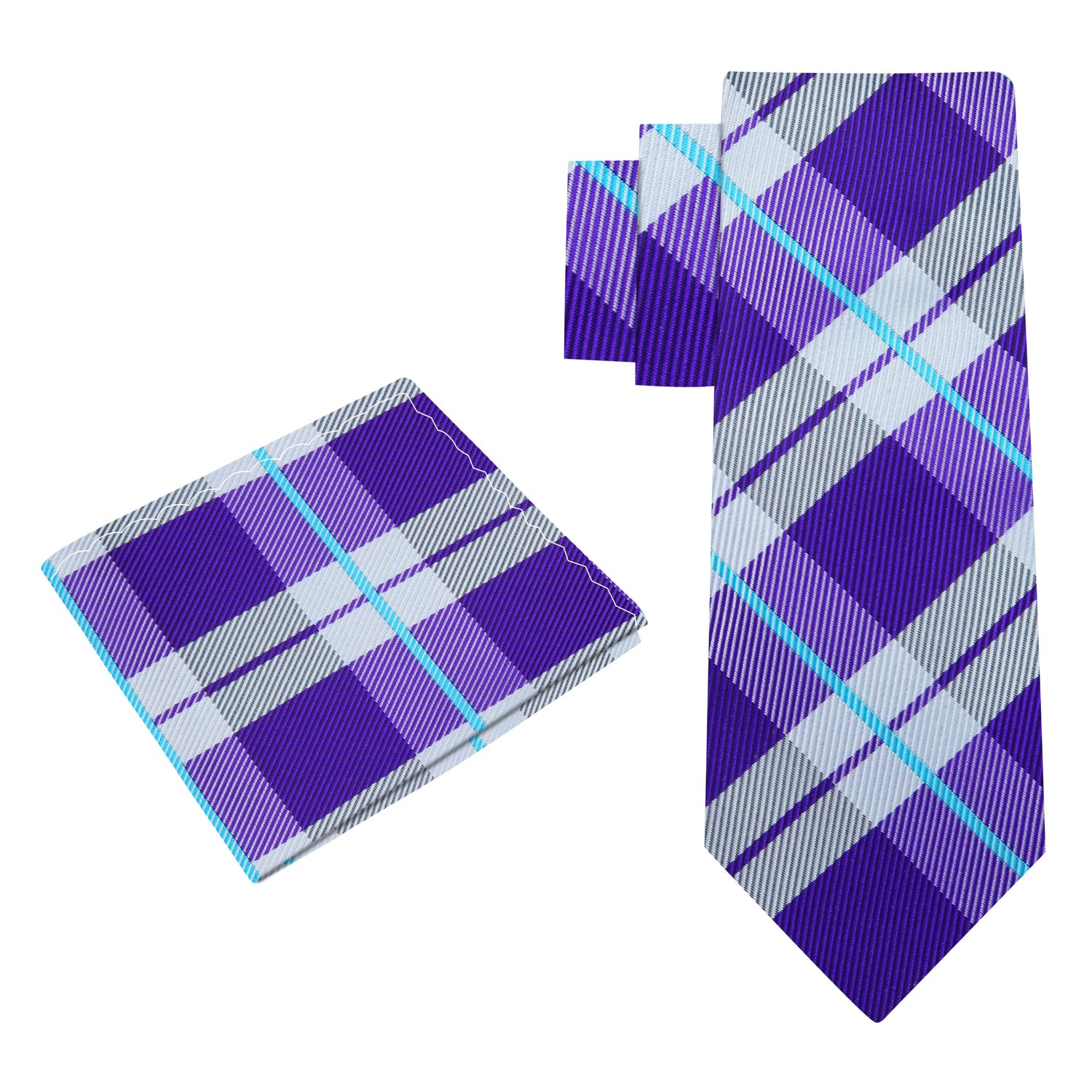Alt View: A Purple, Light Blue, Grey Plaid Pattern Silk Necktie, With Matching Pocket Square