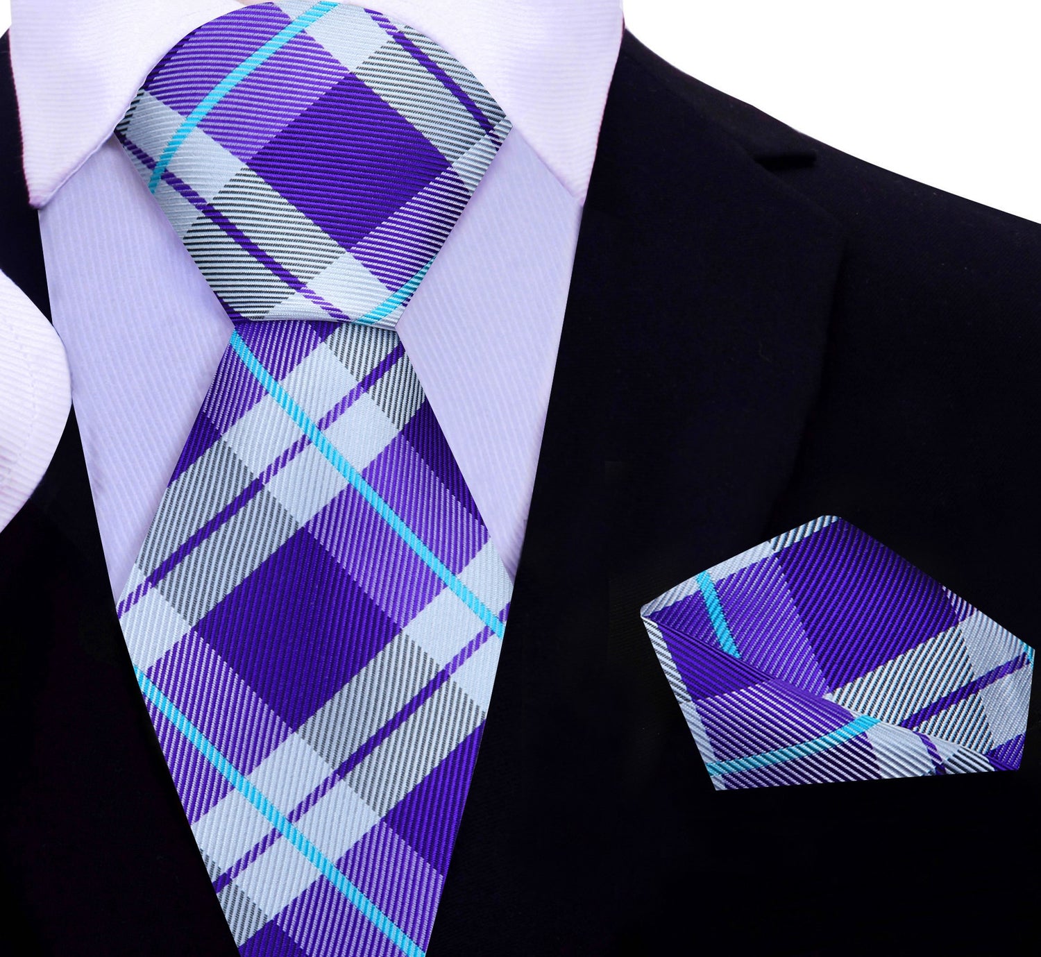 A Purple, Light Blue, Grey Plaid Pattern Silk Necktie, With Matching Pocket Square