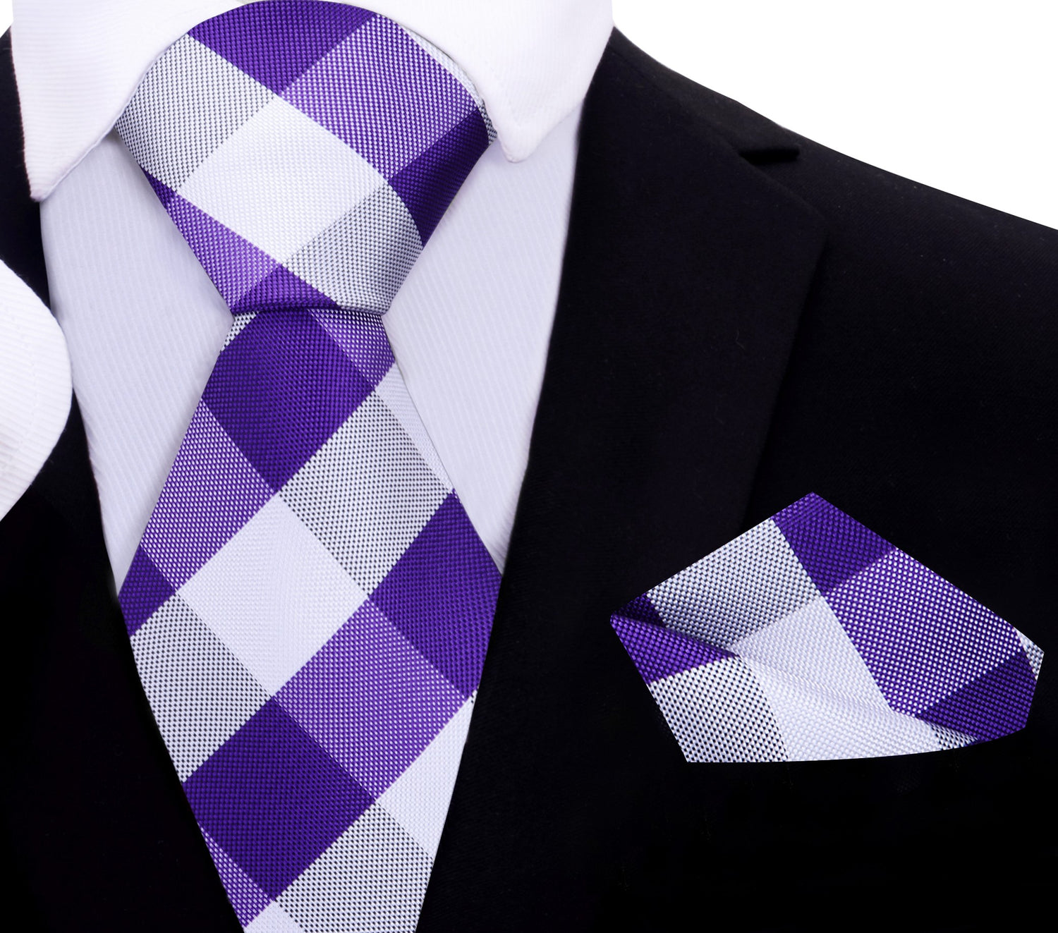 A Purple, White Plaid Pattern Silk Necktie, Matching Pocket Square