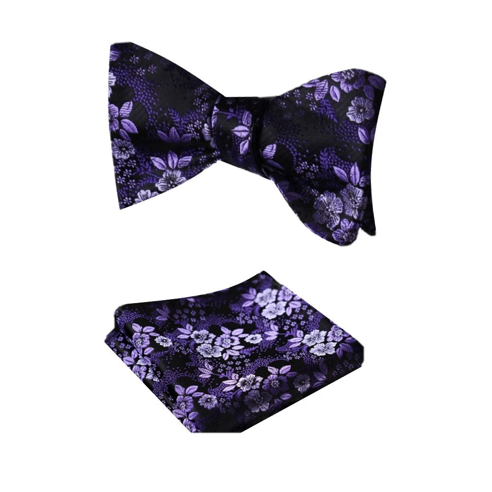 A Purple, Light Purple Detailed Flowers Pattern Silk Self Tie Bow Tie, Matching Pocket Square