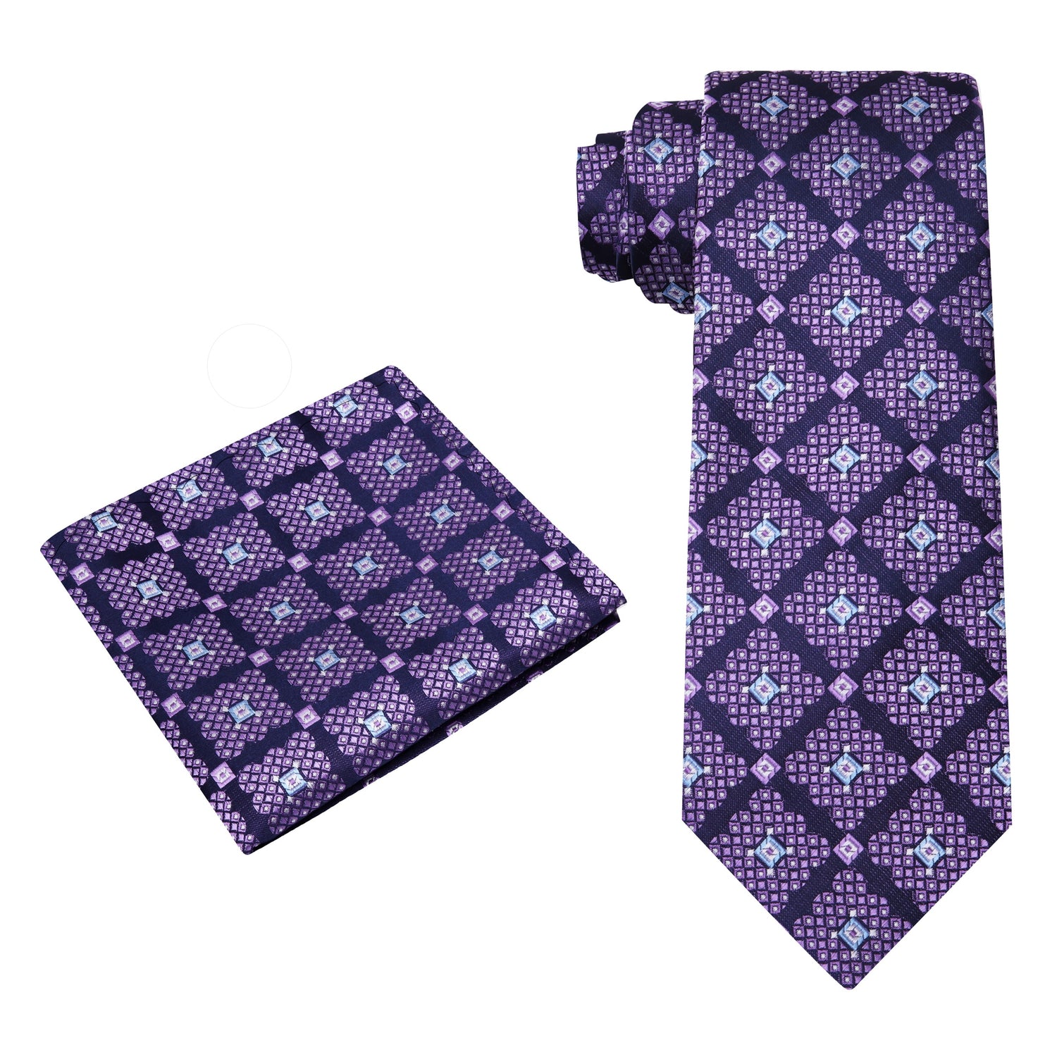 View 2: A Purple, Light Purple, Light Blue Abstract Geometric Diamond Pattern Pattern Silk Necktie, Matching Pocket Square