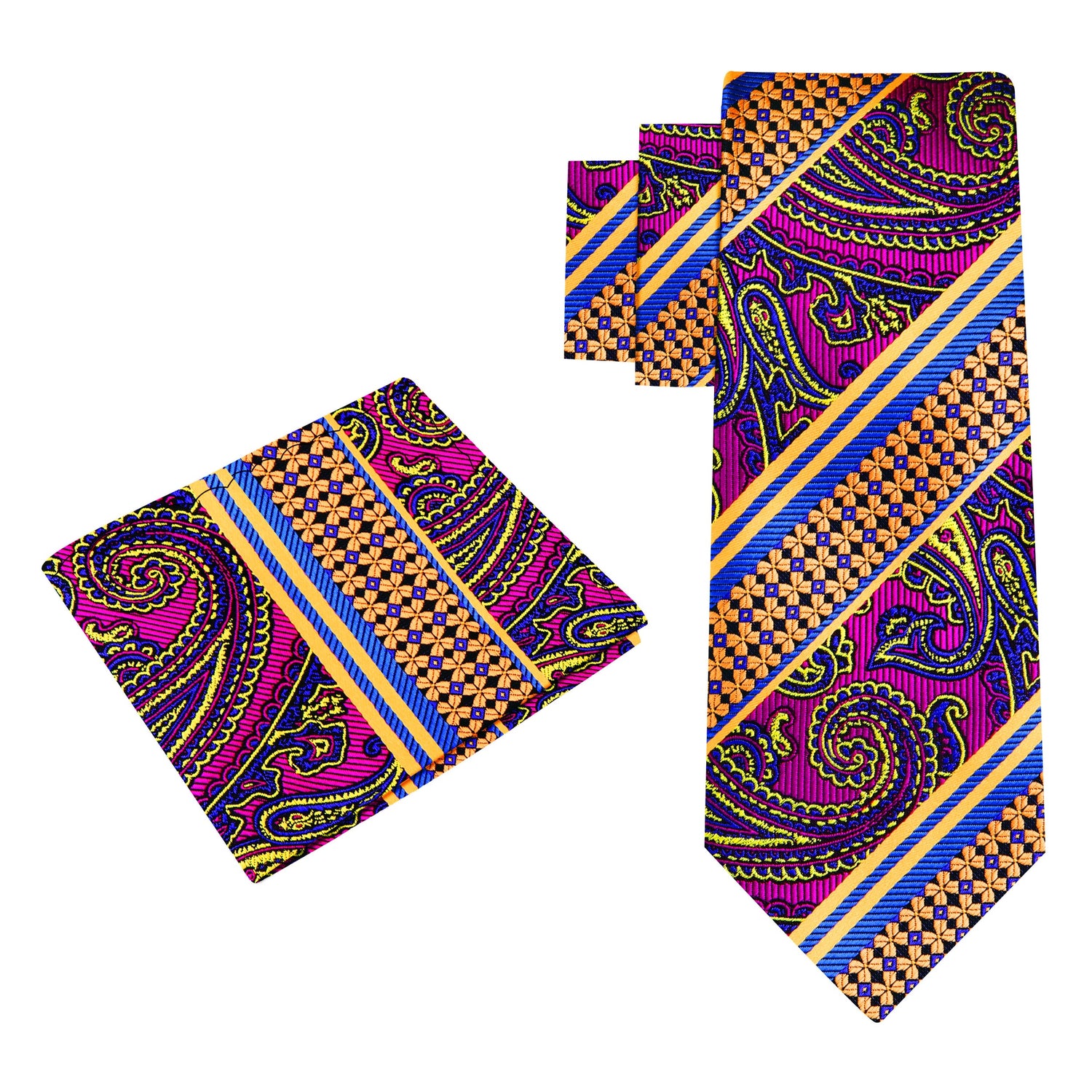 Alt View: A Purple, Orange, Blue Paisley Pattern Silk Necktie, Matching Pocket Square