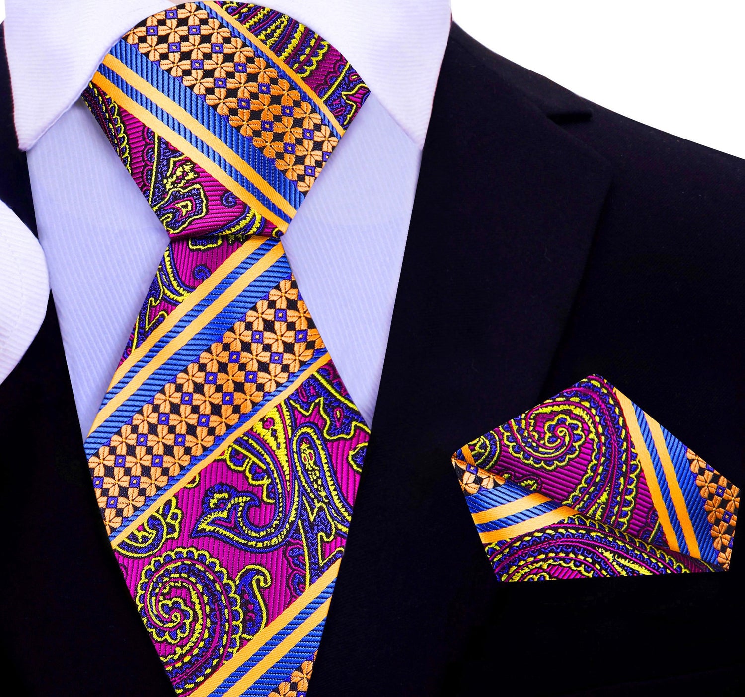 A Purple, Orange, Blue Paisley Pattern Silk Necktie, Matching Pocket Square