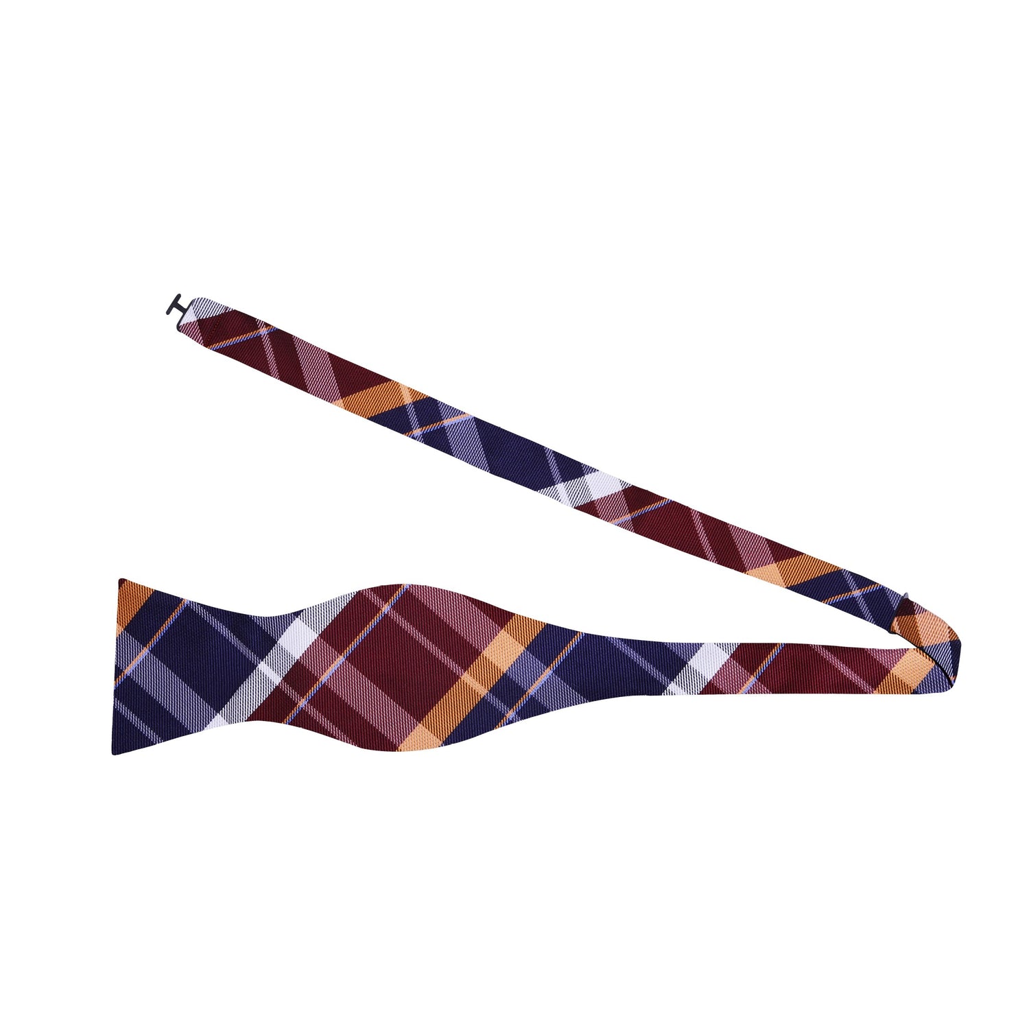 A Blue, Orange, Purple Plaid Pattern Silk Self Tie Bow Tie Untied