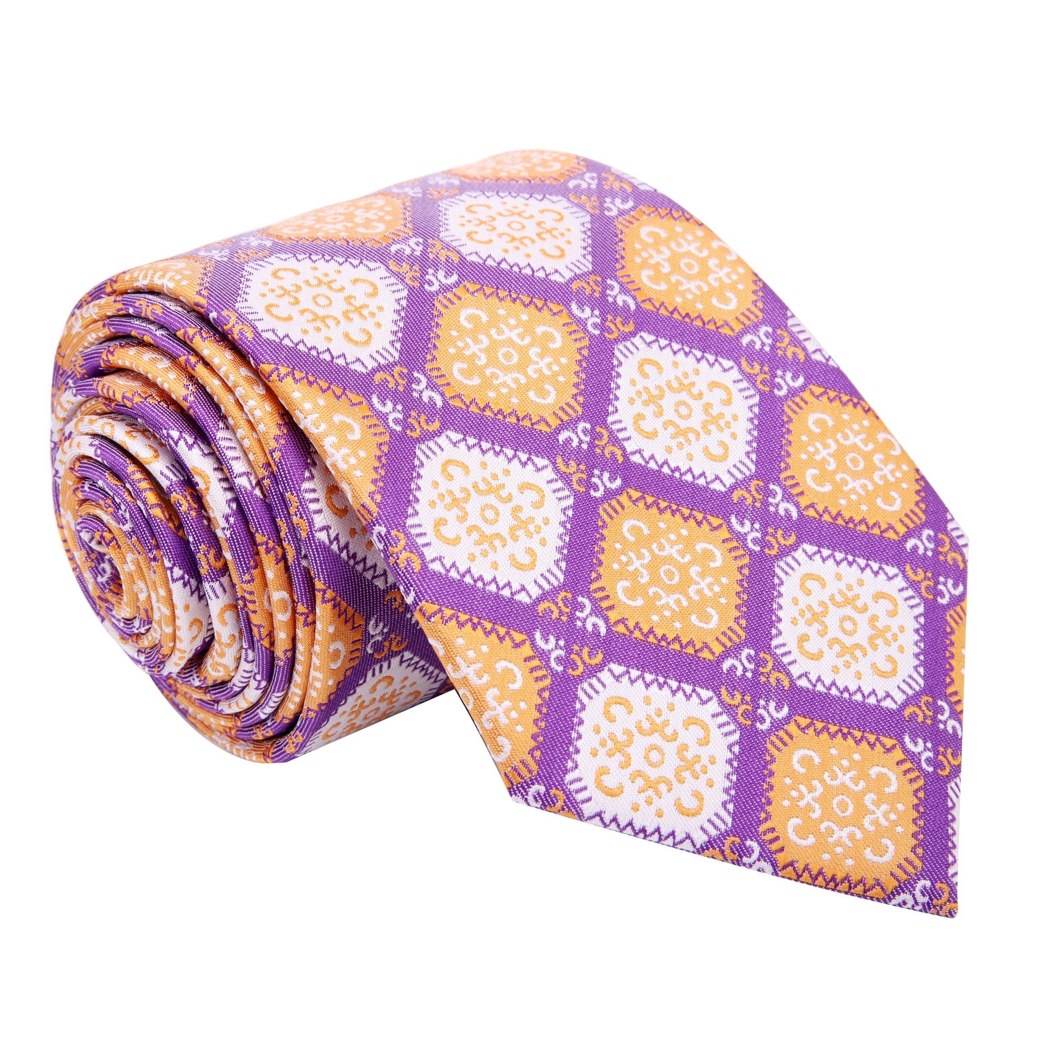 An Orange, Purple, Cream Color Abstract Geometric Diamond Shape Silk Tie  