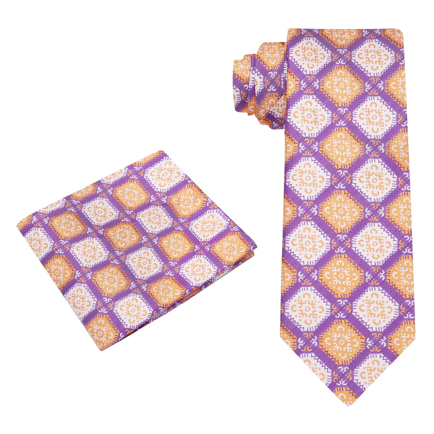 Alt View: An Orange, Purple, Cream Color Abstract Geometric Diamond Shape Silk Tie and Pocket Square