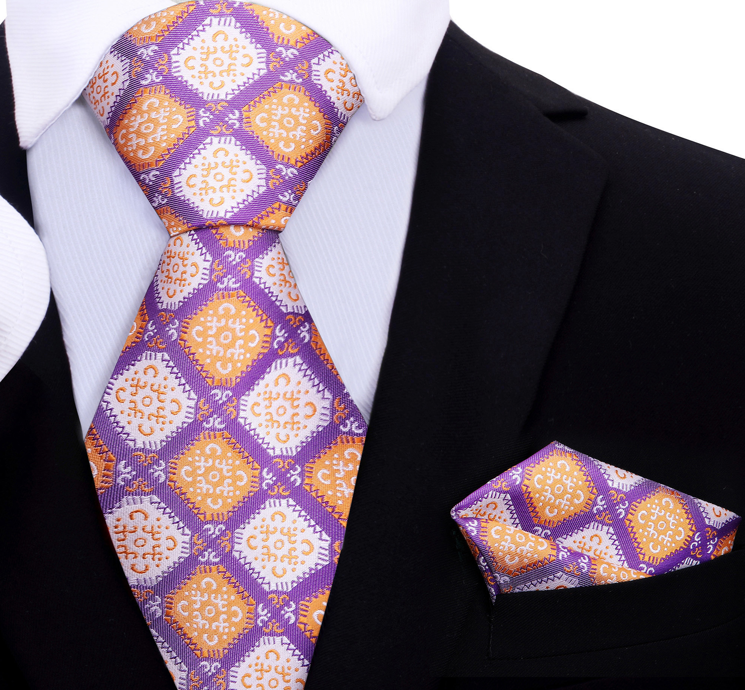 An Orange, Purple, Cream Color Abstract Geometric Diamond Shape Silk Tie and Pocket Square