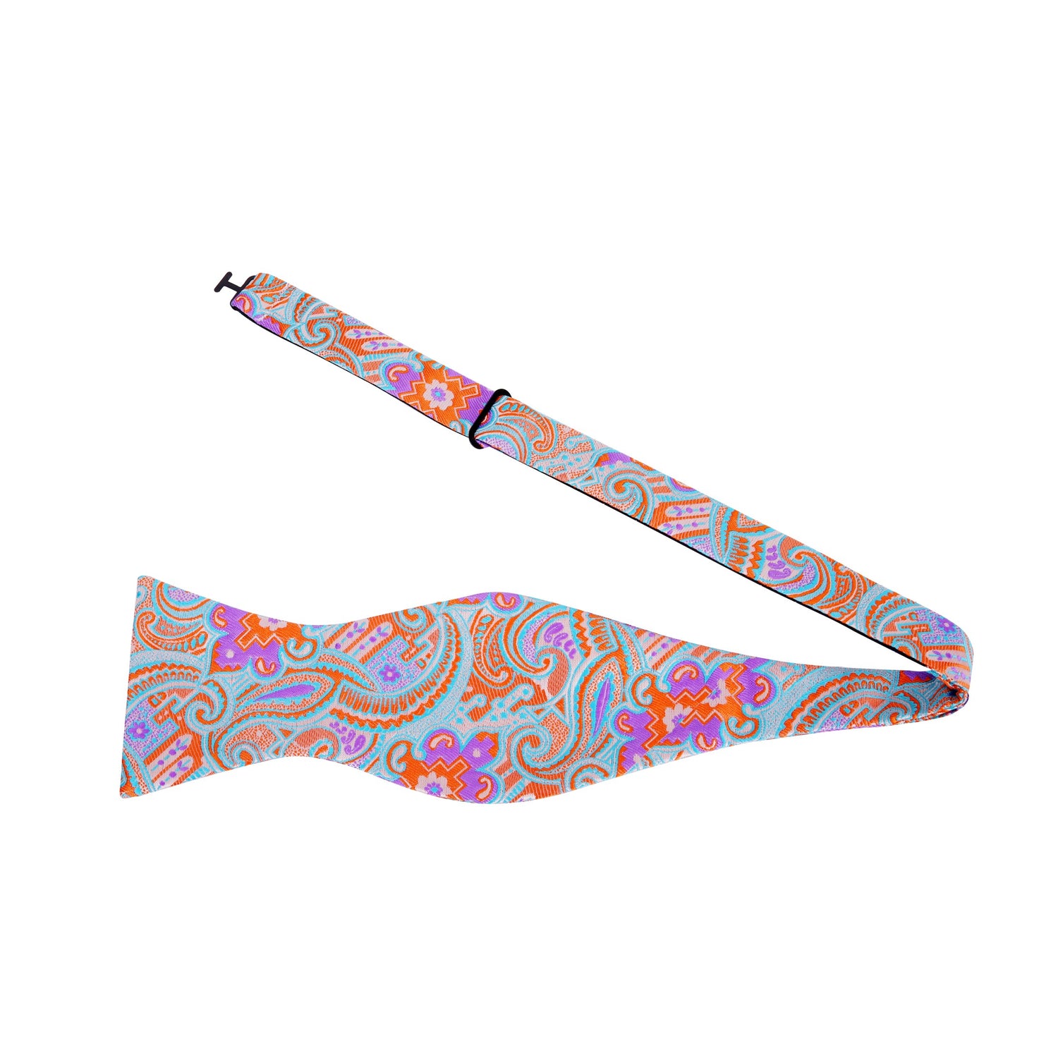 A Purple, Orange, Light Blue Abstract Designs With Paisley Silk Self Tie Bow Tie Untied