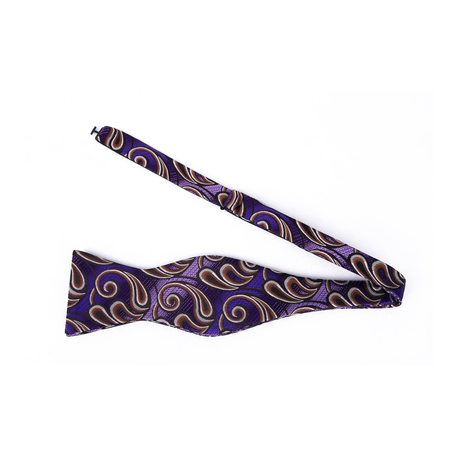 A Purple, Brown Paisley Pattern Silk Self Tie Bow Tie Untied