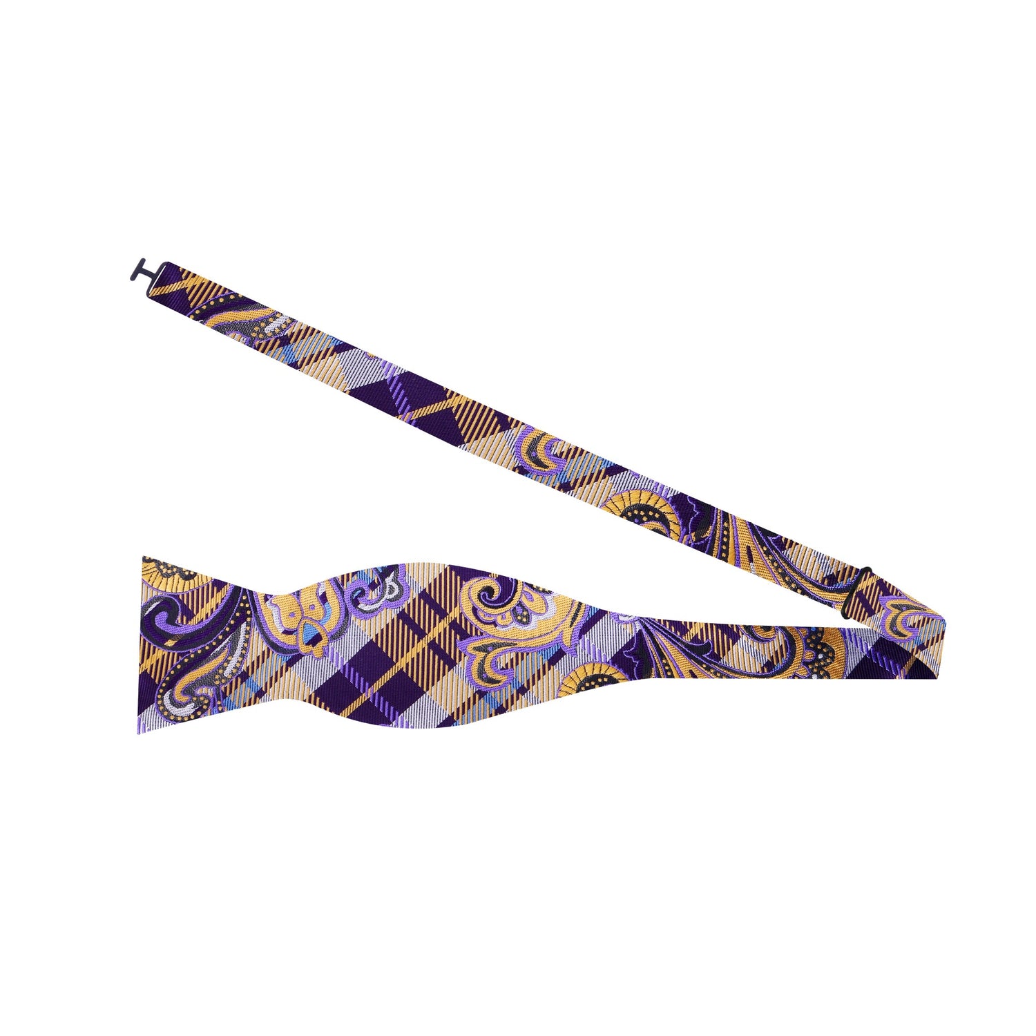 A Purple, Yellow, Light Blue Plaid and Paisley Pattern Silk Self Tie Bow Tie Self Tie
