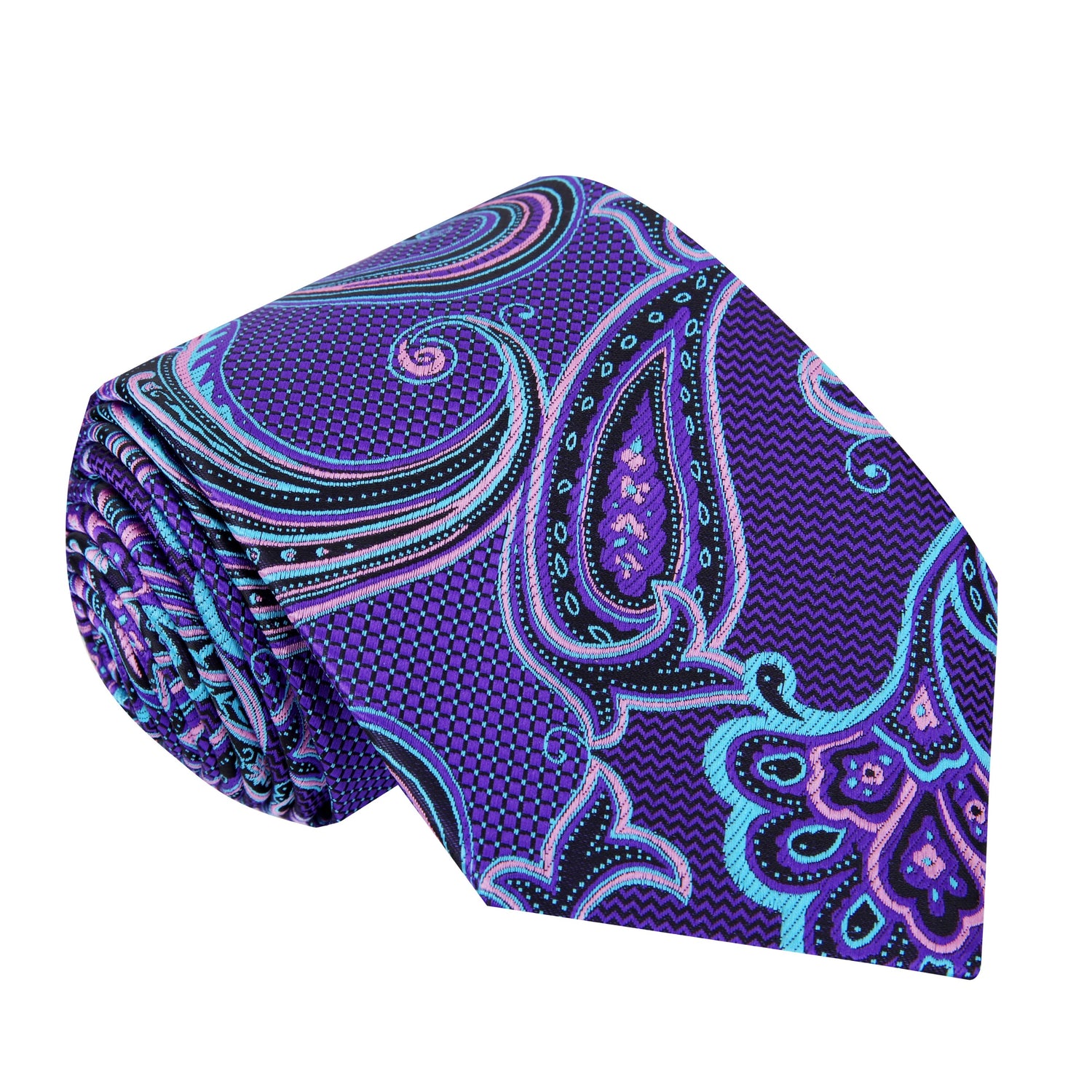 A Purple, Light Blue, Black Color Paisley Pattern Silk Necktie 