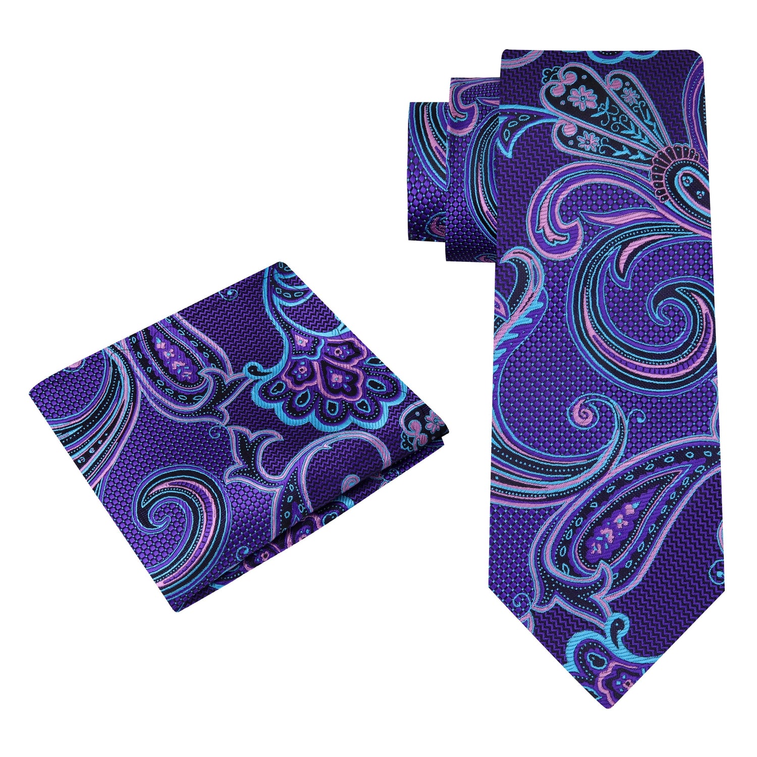 Alt View: A Purple, Light Blue, Black Color Paisley Pattern Silk Necktie, Matching Pocket Square