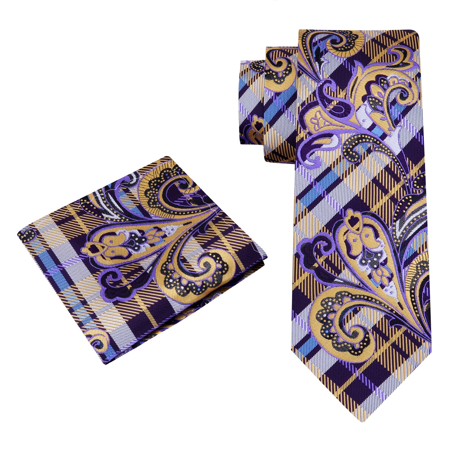 View 2: A Purple, Yellow, Light Blue Plaid and Paisley Pattern Silk Necktie, With Matching Pocket Square
