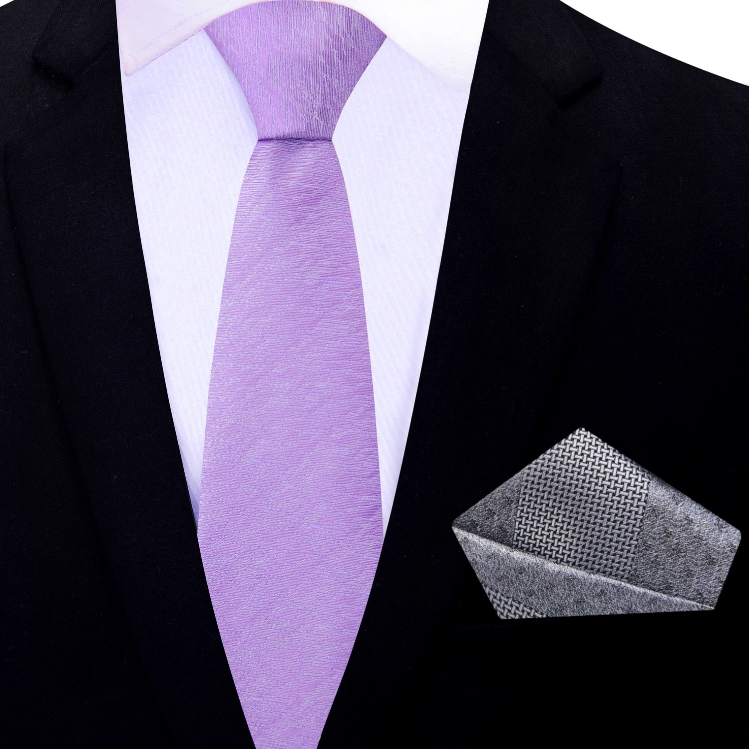 Thin Tie: View 2: Light Purple Texture Tie with Grey Pocket Square