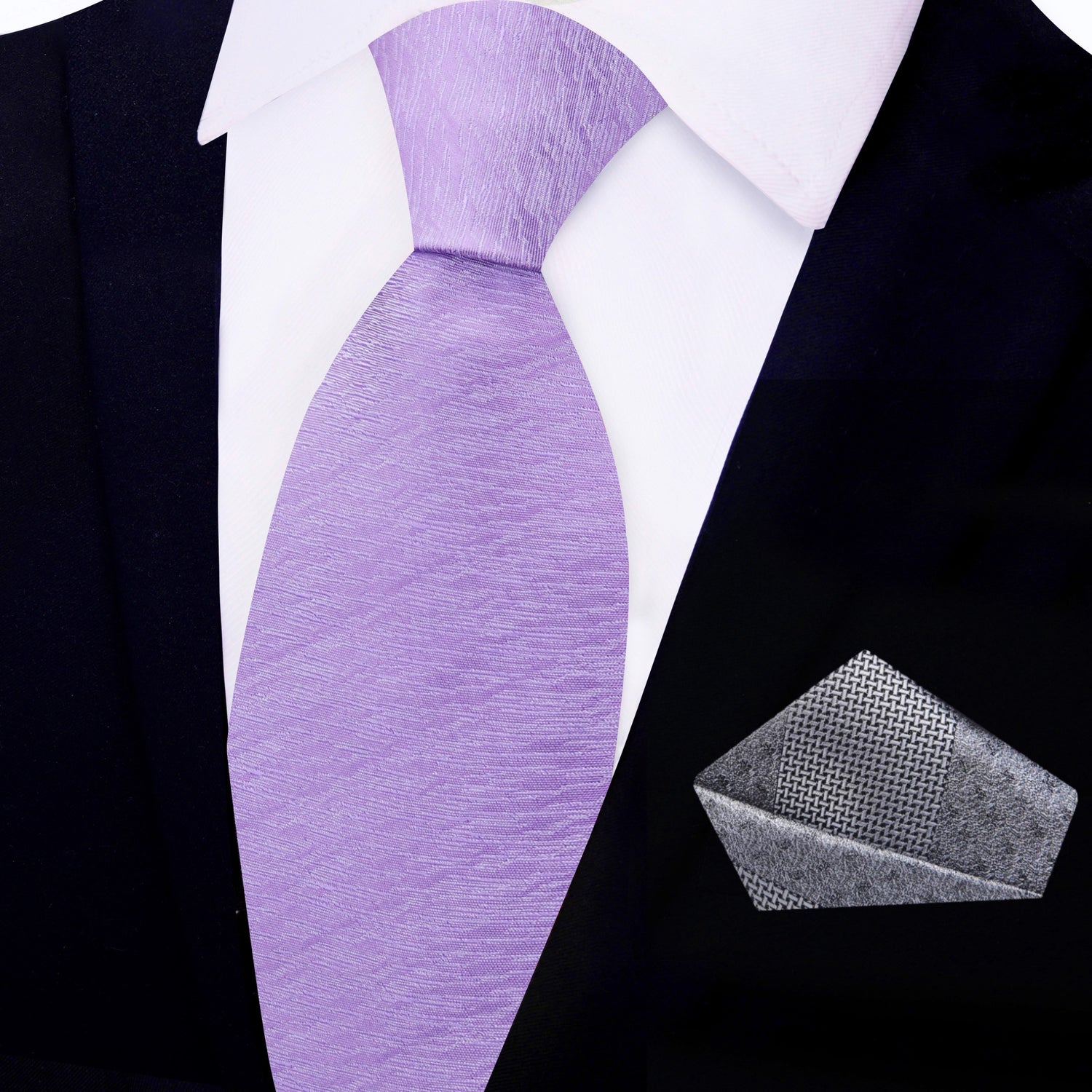 View 2: Light Purple Texture Tie with Grey Pocket Square