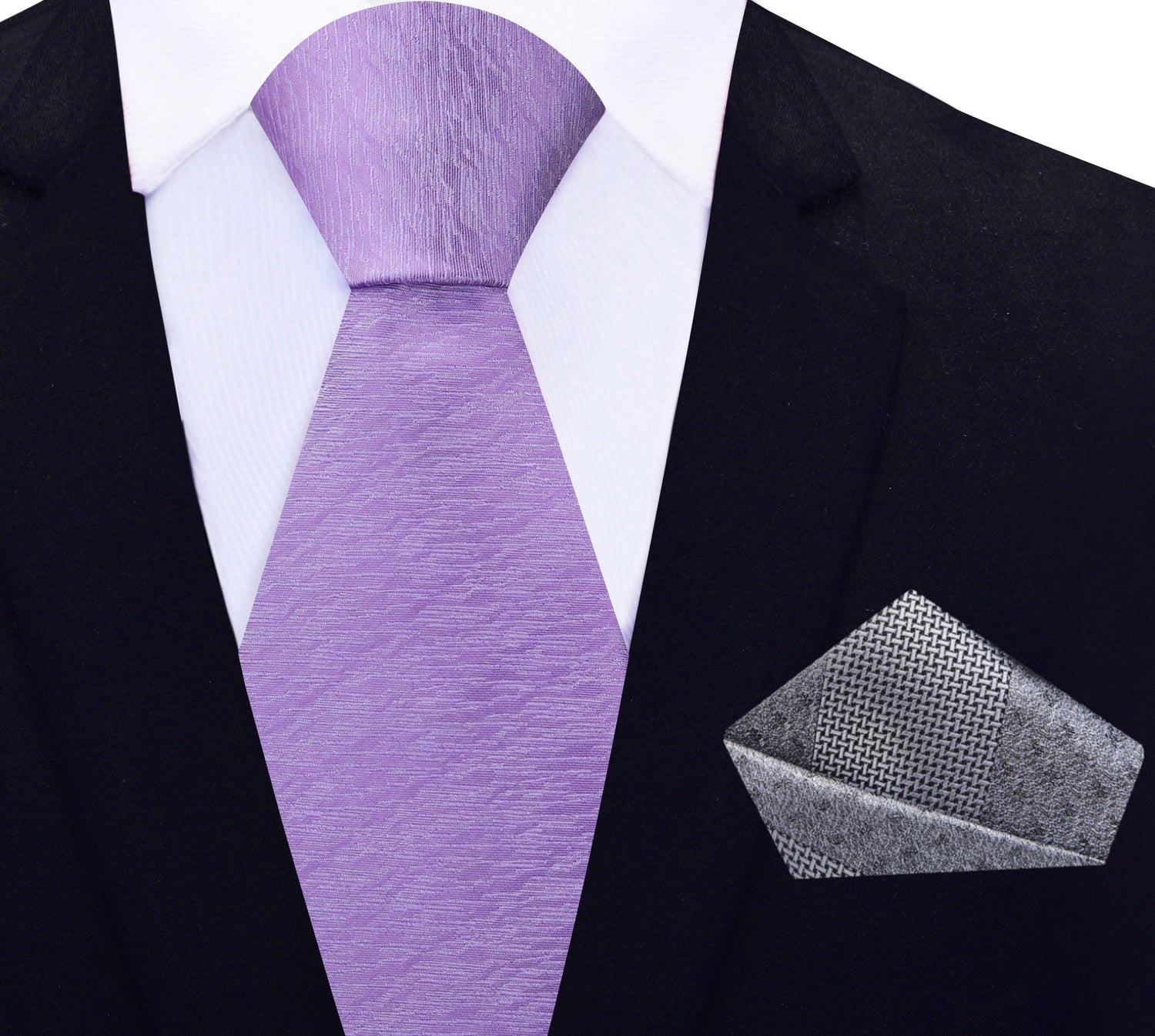 View 2: Light Purple Texture Tie with Grey Pocket Square