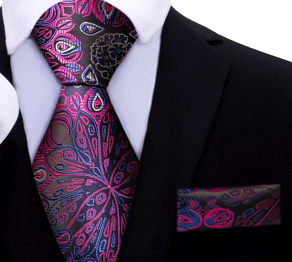 A Purple, Blue Abstract Peacock Feather Pattern Silk Necktie, Matching Pocket Square