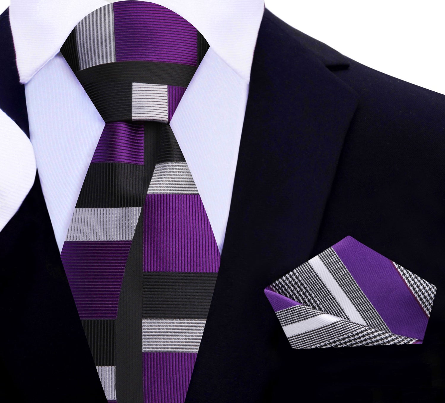 Purple, Black, Silver Abstract Tie and Pocket Square
