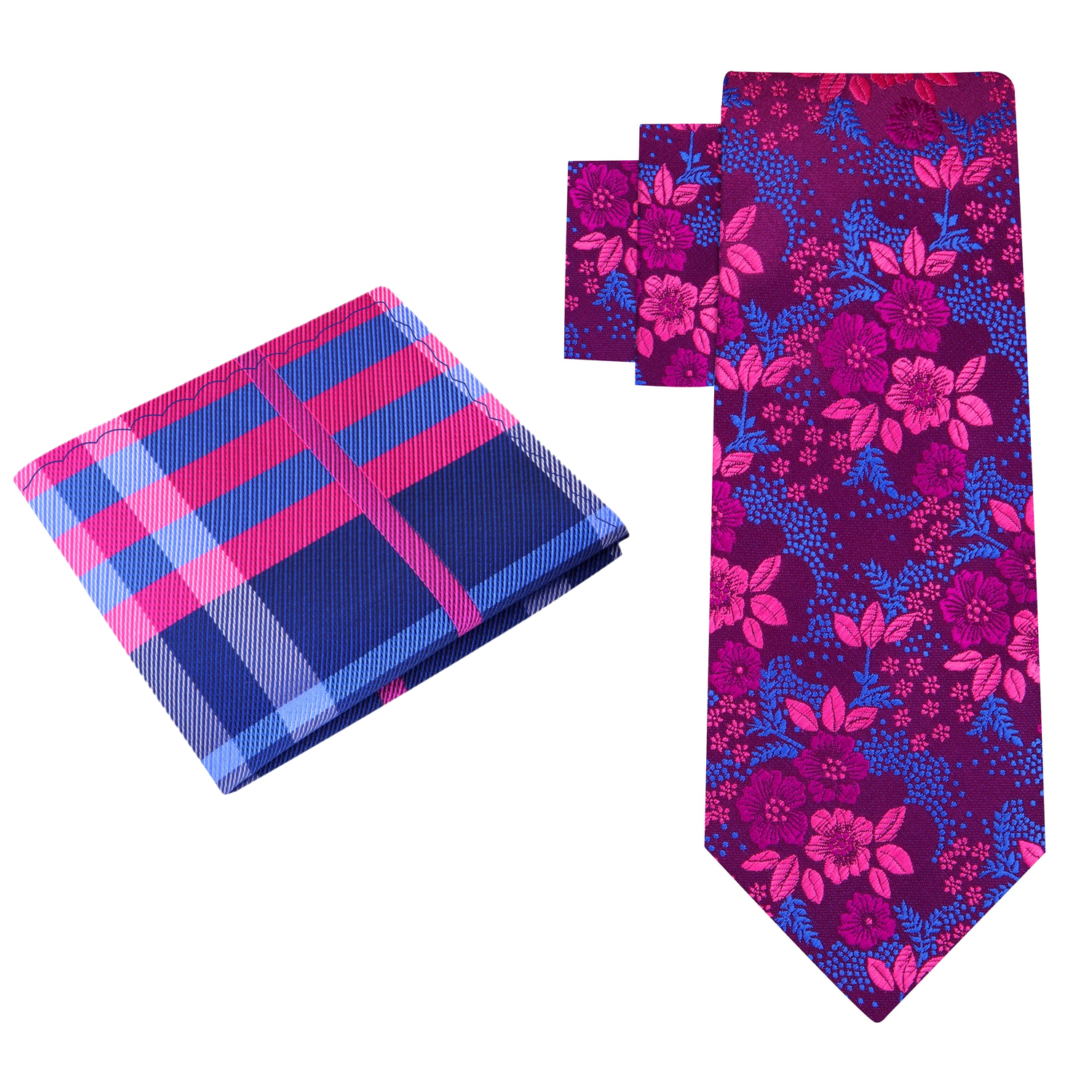 View 2 Purple, Pink, Blue Floral Tie and Blue, Pink Plaid Square